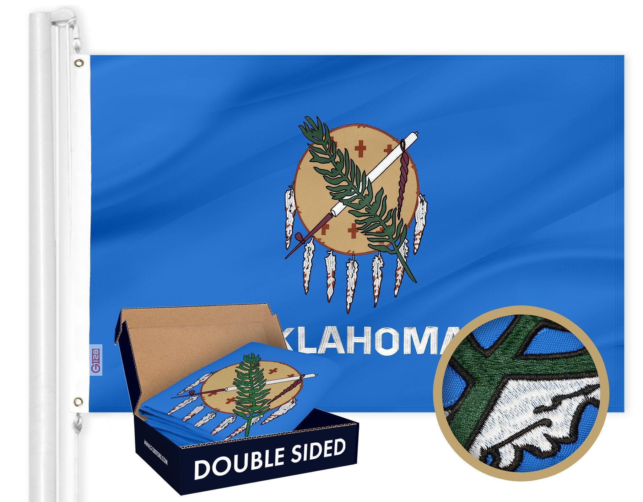G128 Oklahoma State Flag  3x5 Ft  Double ToughWeave Series Double Sided Embroidered 210D Polyester  Embroidered Design, Indoor/Outdoor, Brass Grommets, Heavy Duty, 2ply