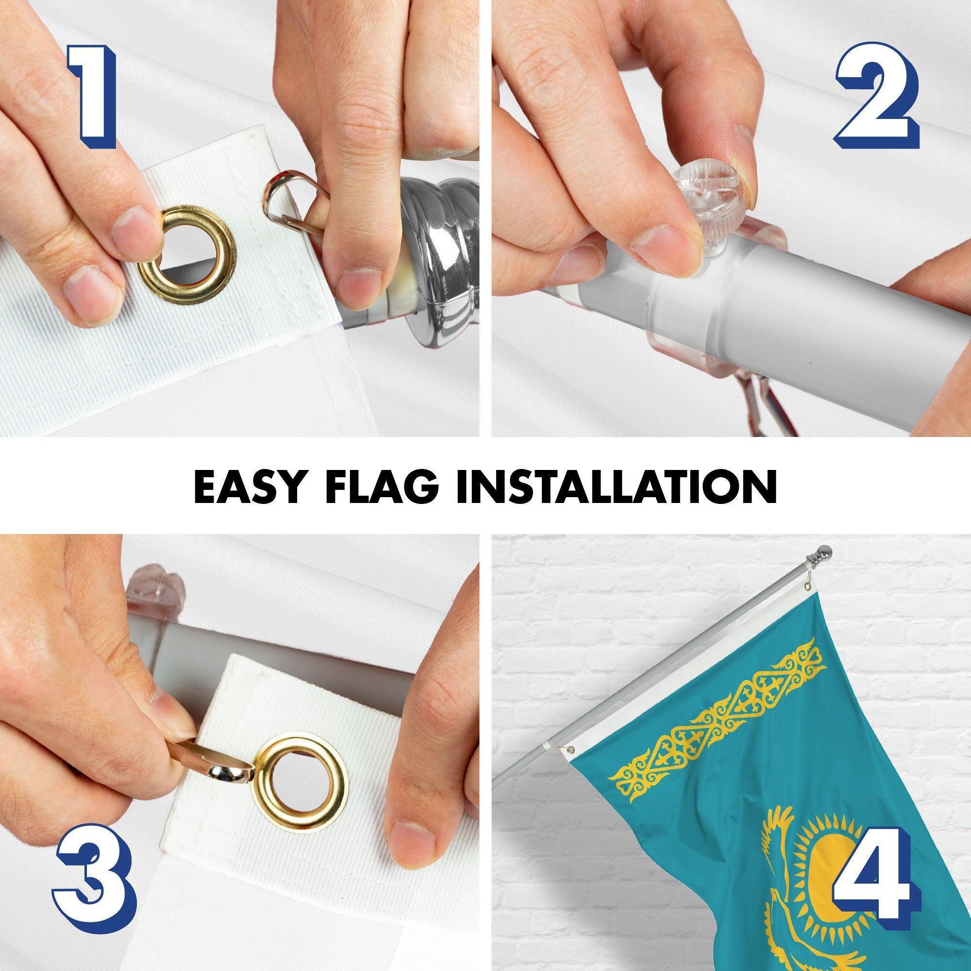 G128 Combo Pack: 6 Ft Tangle Free Aluminum Spinning Flagpole (Silver) & Kazakhstan Kazakhstani Flag  3x5 Ft LiteWeave Pro Series Printed 150D Polyester  Pole with Flag Included