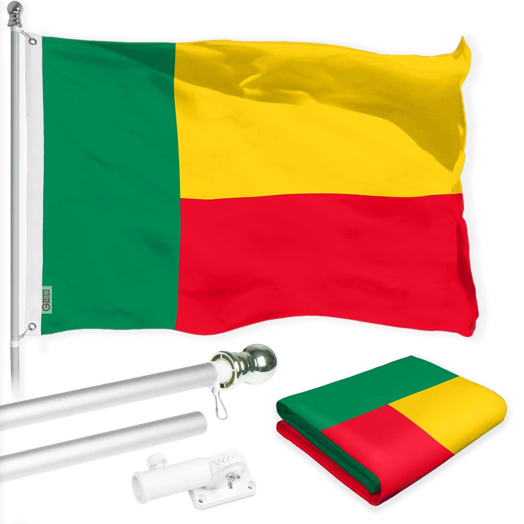 G128 Combo Pack: 6 Ft Tangle Free Aluminum Spinning Flagpole (Silver) & Benin Beninese Flag 3x5 Ft, LiteWeave Pro Series Printed 150D Polyester  Pole with Flag Included