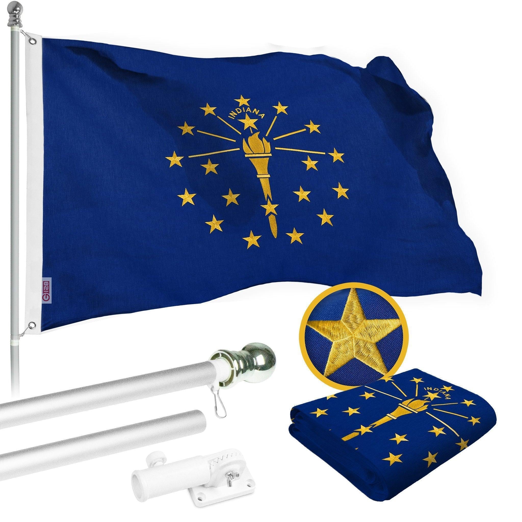G128 Combo Pack: 5 Ft Tangle Free Spinning Flagpole (Silver) & Indiana Flag 2.5x4 Ft Embroidered 220GSM Spun Polyester, Brass Grommets (Flag Included) Aluminum Flag Pole