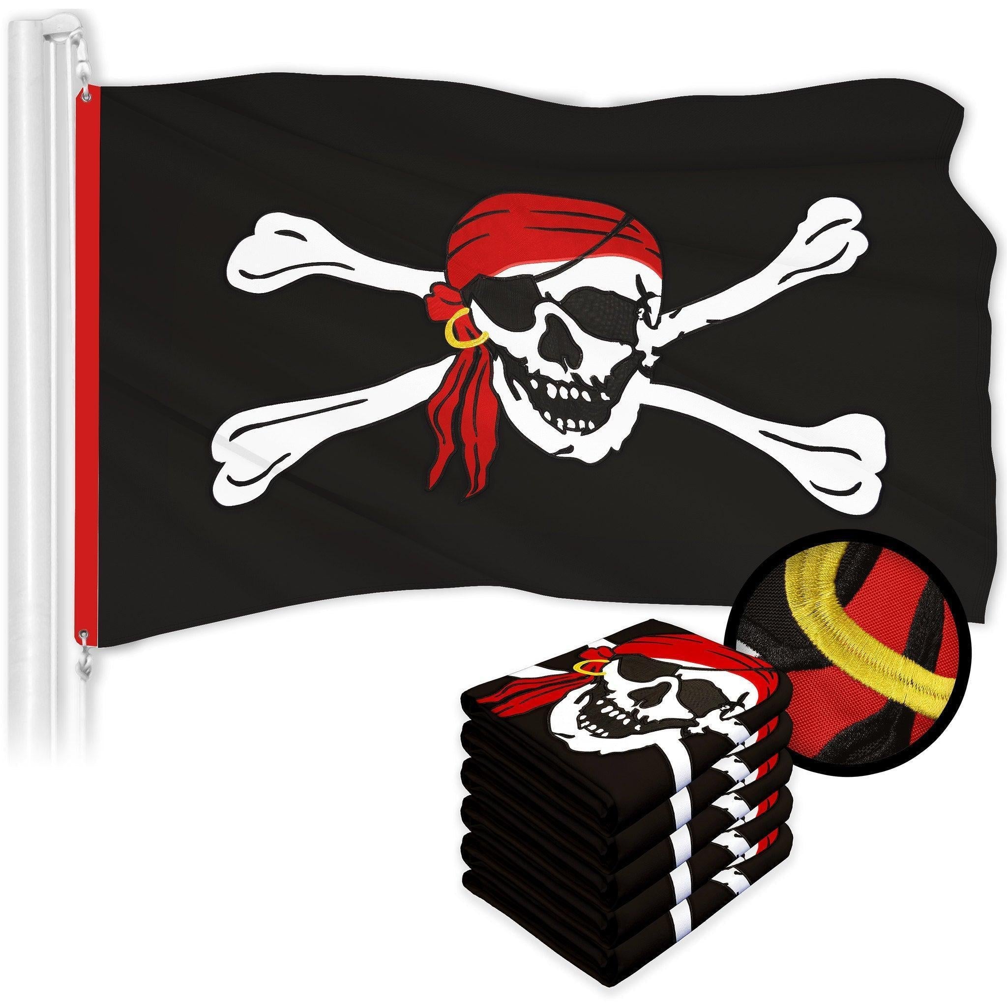 G128 5 Pack: Pirate Jolly Roger Red Head Scarf Flag  2x3 Ft  ToughWeave Series Embroidered 300D Polyester  Novelty Flag, Embroidered Design, Indoor/Outdoor, Brass Grommets