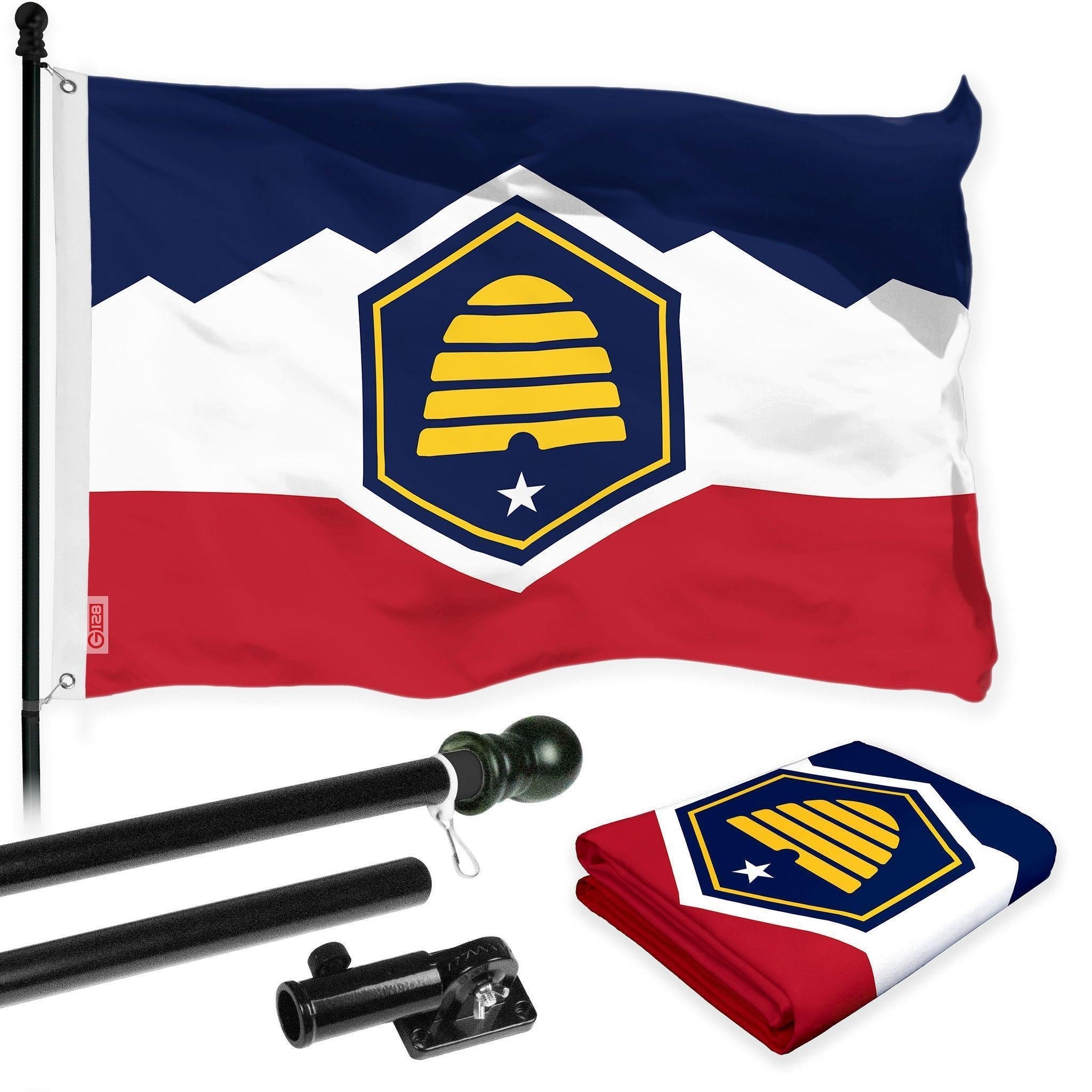 G128 Combo Pack: 6 Ft Tangle Free Aluminum Spinning Flagpole (Black) & Utah 2023 New Version UT State Flag 3x5 Ft, LiteWeave Pro Series Printed 150D Polyester  Pole with Flag Included