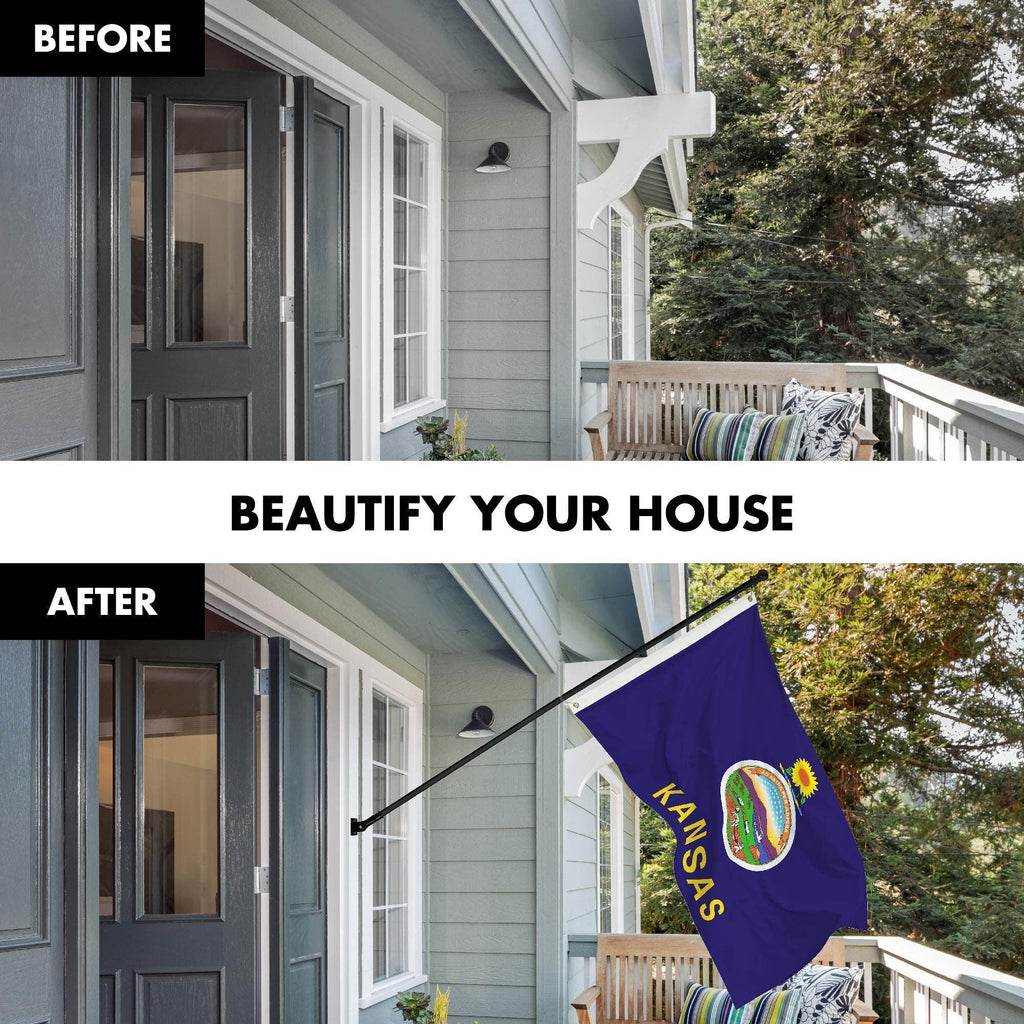 G128 Combo Pack: 6 Ft Tangle Free Spinning Flagpole (Black) & Kansas Flag 3x5 Ft Printed 150D Polyester, Brass Grommets (Flag Included) Aluminum Flag Pole
