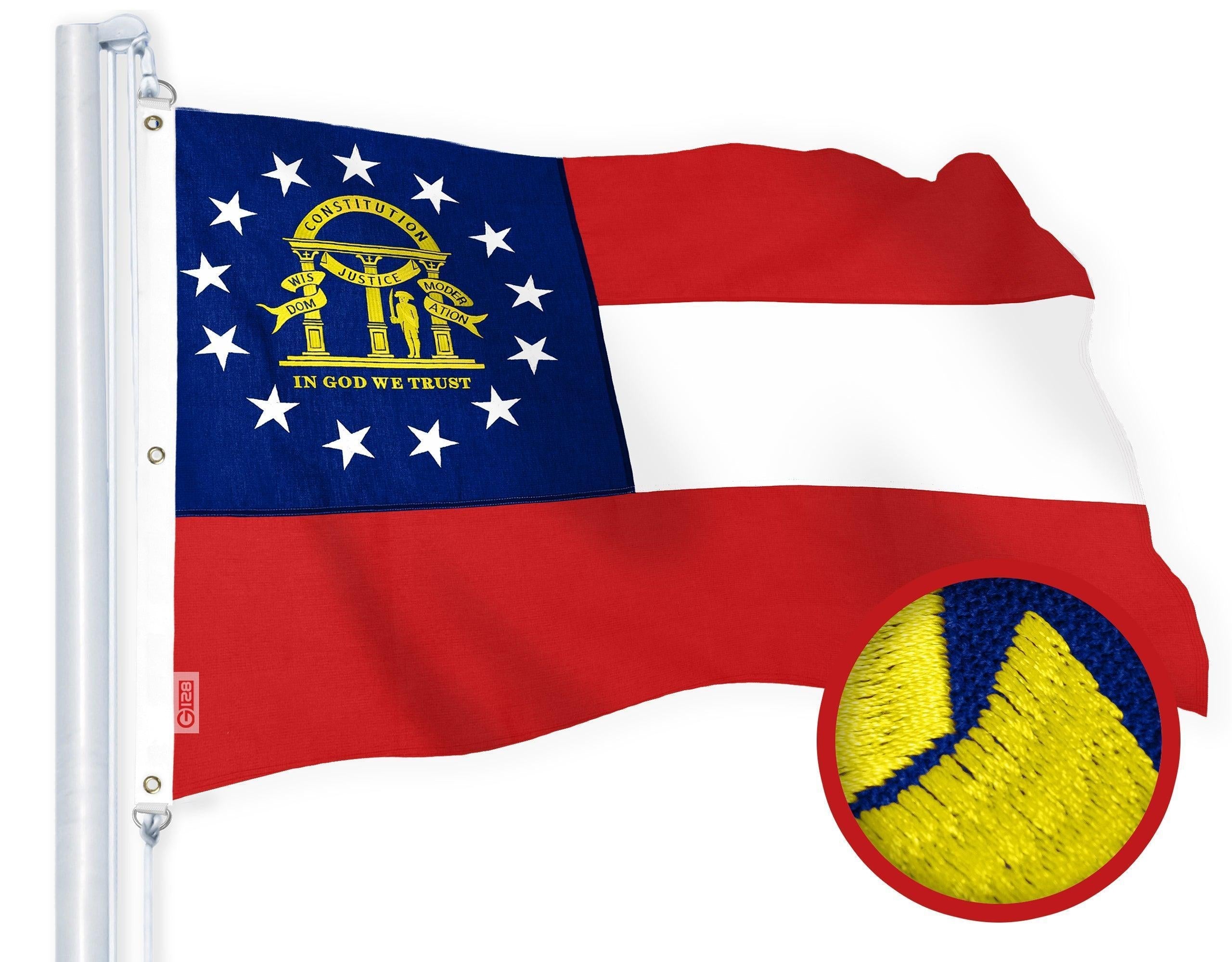 G128 Georgia State Flag  5x8 Ft  StormFlyer Series Embroidered 220GSM Spun Polyester  Embroidered Design, Indoor/Outdoor, Brass Grommets, Heavy Duty, All Weather
