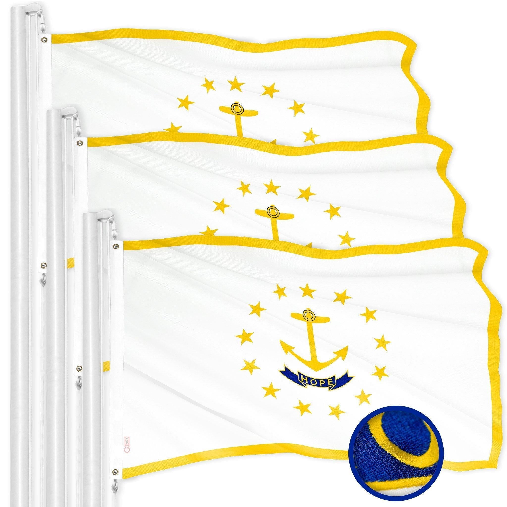 G128 3 Pack: Rhode Island RI State Flag  2x3 Ft  ToughWeave Series Embroidered 300D Polyester  Embroidered Design, Indoor/Outdoor, Brass Grommets