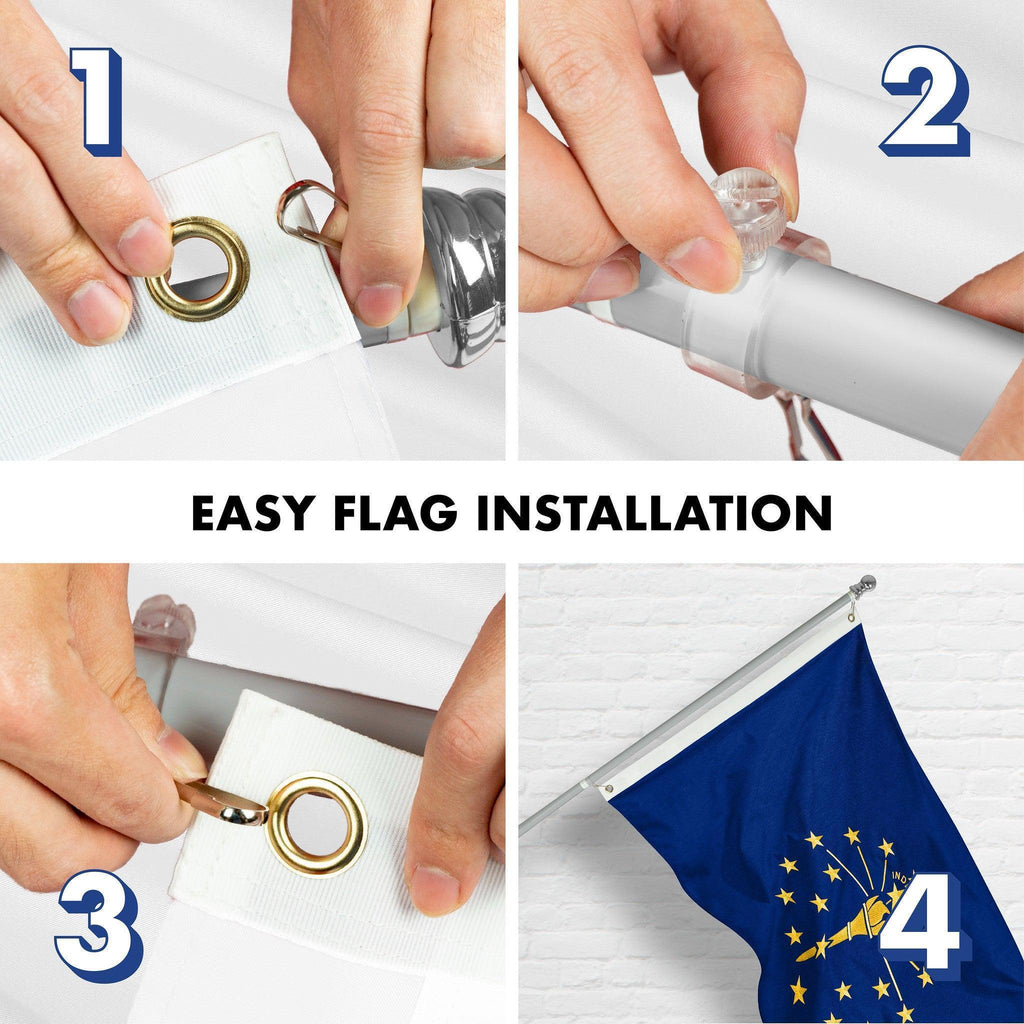G128 Combo Pack: 5 Ft Tangle Free Spinning Flagpole (Silver) & Indiana Flag 2.5x4 Ft Embroidered 220GSM Spun Polyester, Brass Grommets (Flag Included) Aluminum Flag Pole