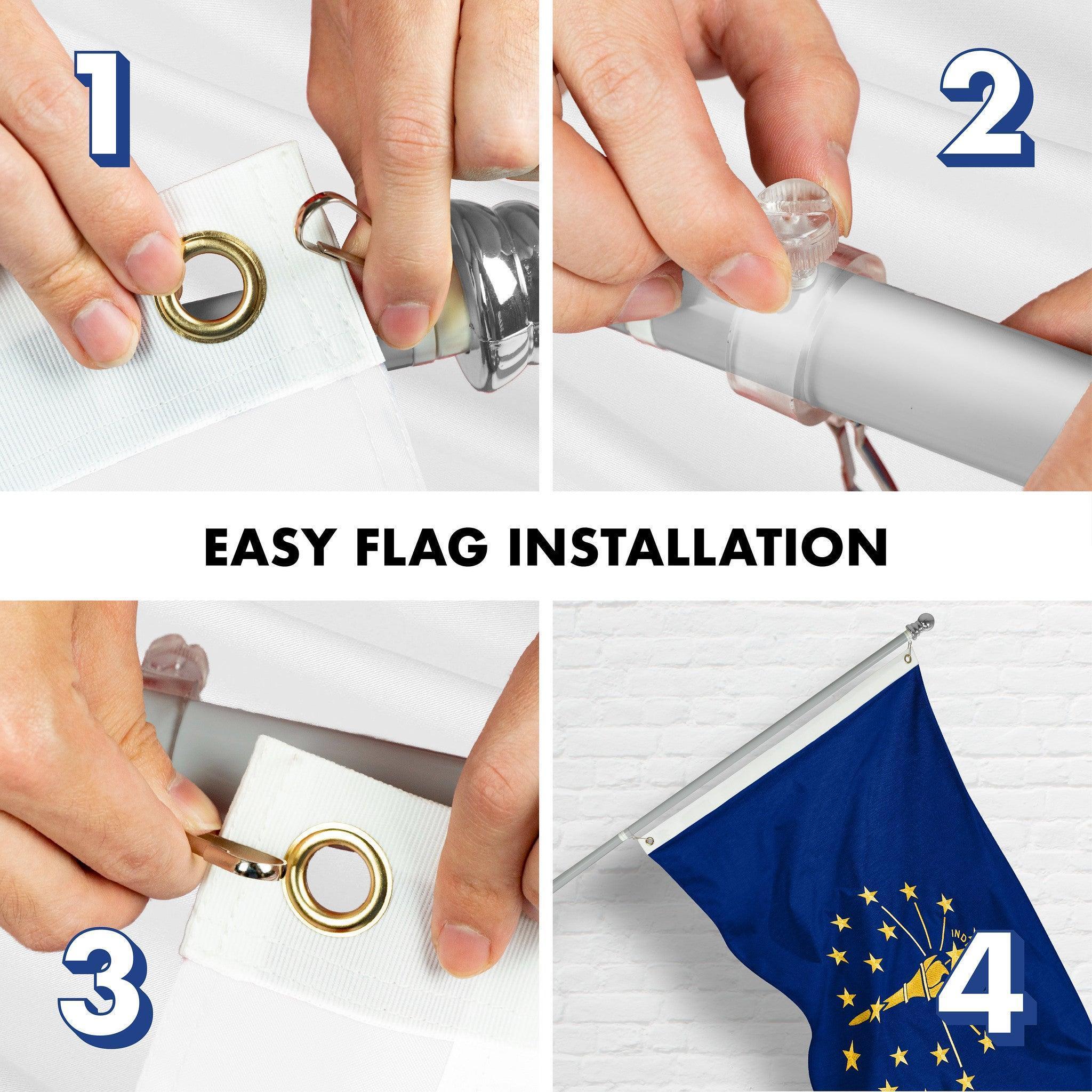 G128 Combo Pack: 5 Ft Tangle Free Spinning Flagpole (Silver) & Indiana Flag 2.5x4 Ft Embroidered 220GSM Spun Polyester, Brass Grommets (Flag Included) Aluminum Flag Pole