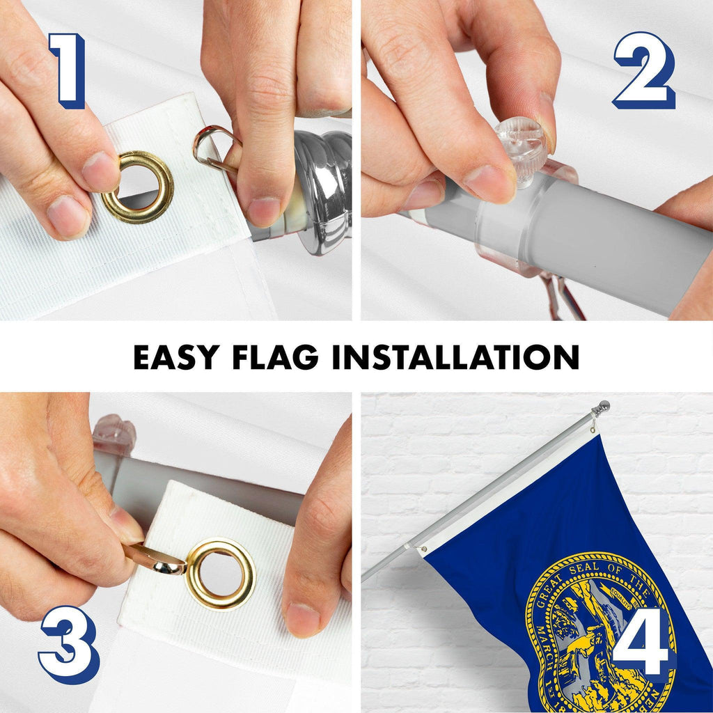 G128 Combo Pack: 6 Ft Tangle Free Spinning Flagpole (Silver) & Nebraska Flag 3x5 Ft Printed 150D Polyester, Brass Grommets (Flag Included) Aluminum Flag Pole