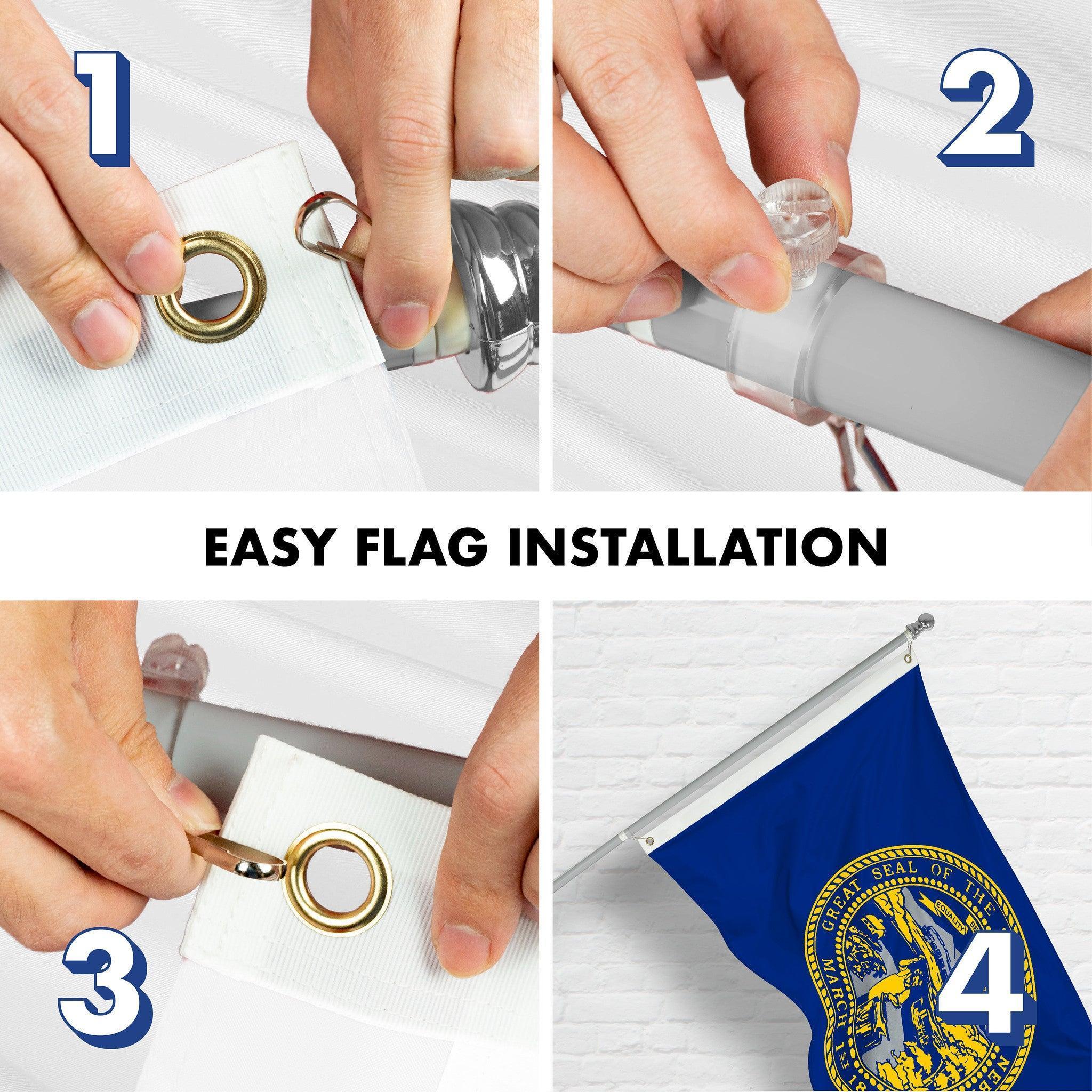 G128 Combo Pack: 6 Ft Tangle Free Spinning Flagpole (Silver) & Nebraska Flag 3x5 Ft Printed 150D Polyester, Brass Grommets (Flag Included) Aluminum Flag Pole