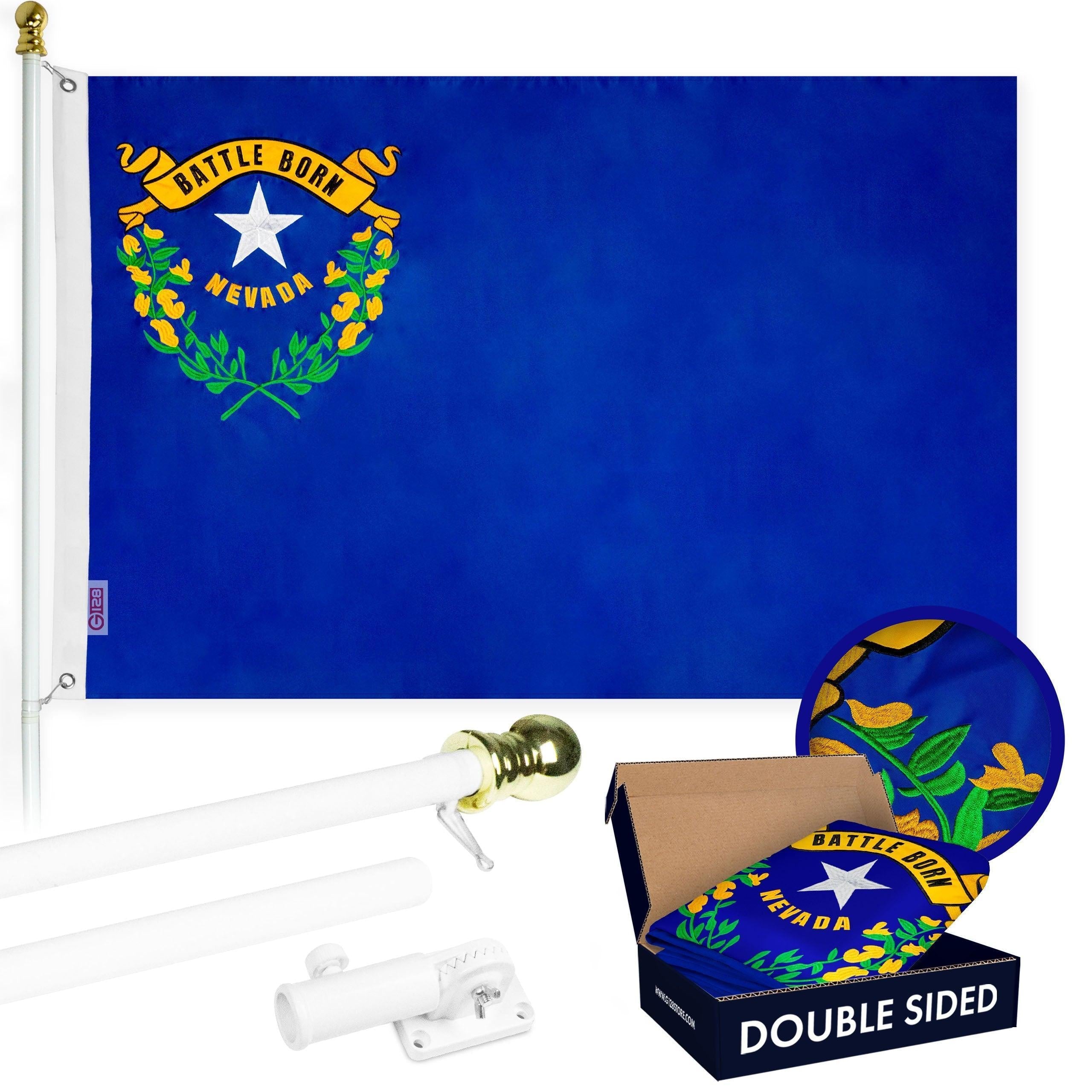 G128  6 Feet Tangle Free Spinning Flagpole (White) Nevada Double Sided Brass Grommets Embroidered 3x5 ft (Flag Included) Aluminum Flag Pole