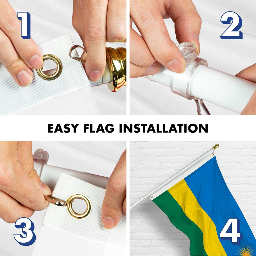 G128 Combo Pack: 6 Ft Tangle Free Aluminum Spinning Flagpole (White) & Rwanda Rwandan Flag 3x5 Ft, LiteWeave Pro Series Printed 150D Polyester  Pole with Flag Included
