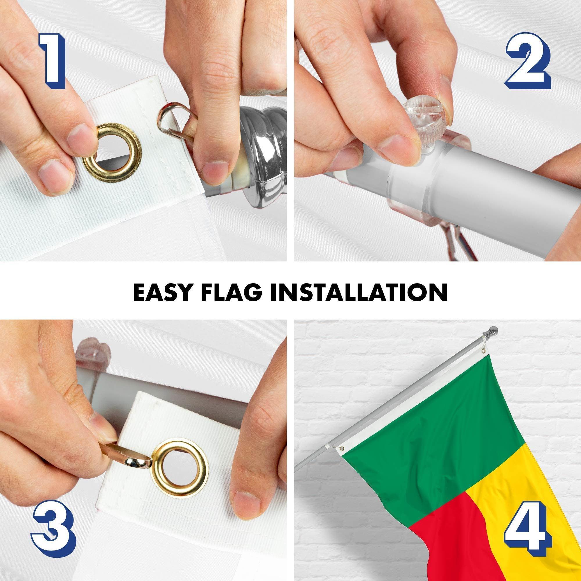 G128 Combo Pack: 6 Ft Tangle Free Aluminum Spinning Flagpole (Silver) & Benin Beninese Flag 3x5 Ft, LiteWeave Pro Series Printed 150D Polyester  Pole with Flag Included