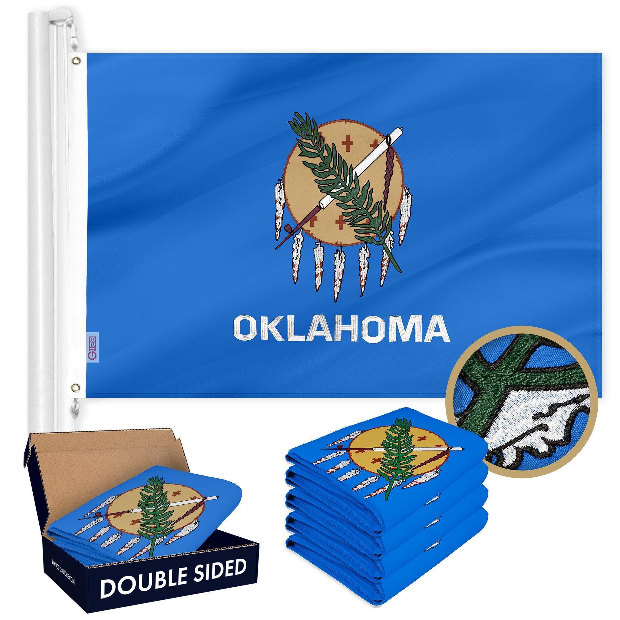 G128 5 Pack: Oklahoma OK State Flag  3x5 Ft  Double ToughWeave Series Double Sided Embroidered 210D Polyester  Embroidered Design, Indoor/Outdoor, Brass Grommets, Heavy Duty, 2ply