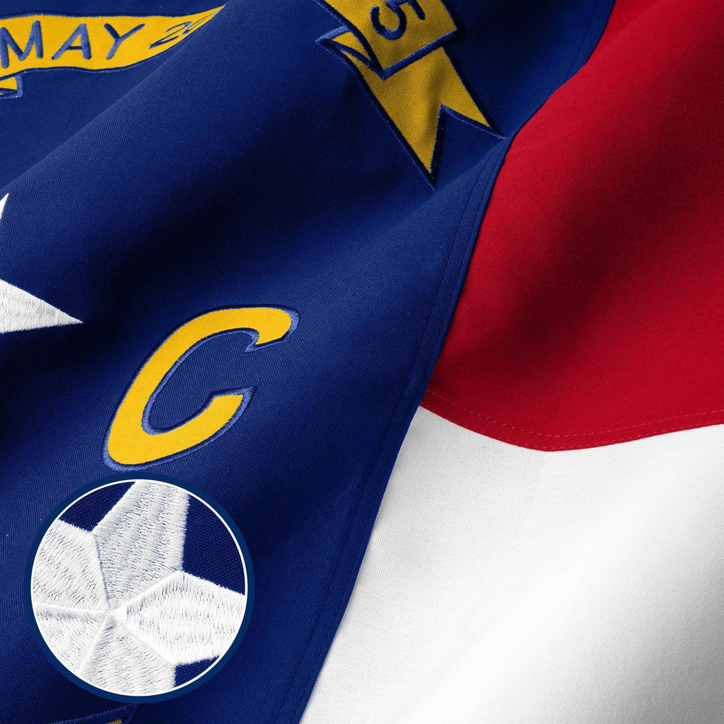 G128 North Carolina State Flag  6x10 Ft  StormFlyer Series Embroidered 220GSM Spun Polyester  Embroidered Design, Indoor/Outdoor, Brass Grommets, Heavy Duty, All Weather