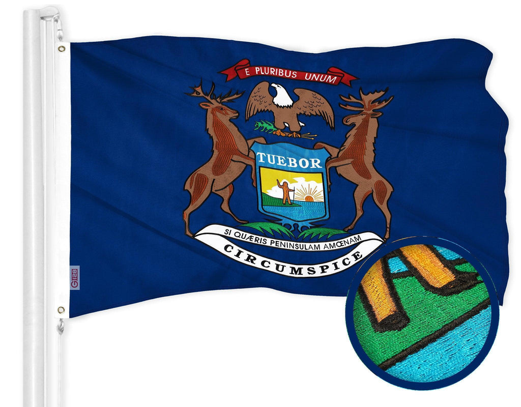 G128 Michigan State Flag  3x5 Ft  ToughWeave Series Embroidered 300D Polyester  Embroidered Design, Indoor/Outdoor, Brass Grommets