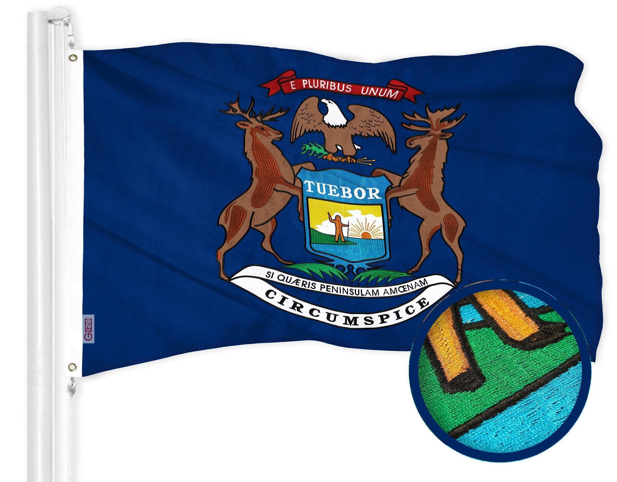 G128 Michigan State Flag  3x5 Ft  ToughWeave Series Embroidered 300D Polyester  Embroidered Design, Indoor/Outdoor, Brass Grommets