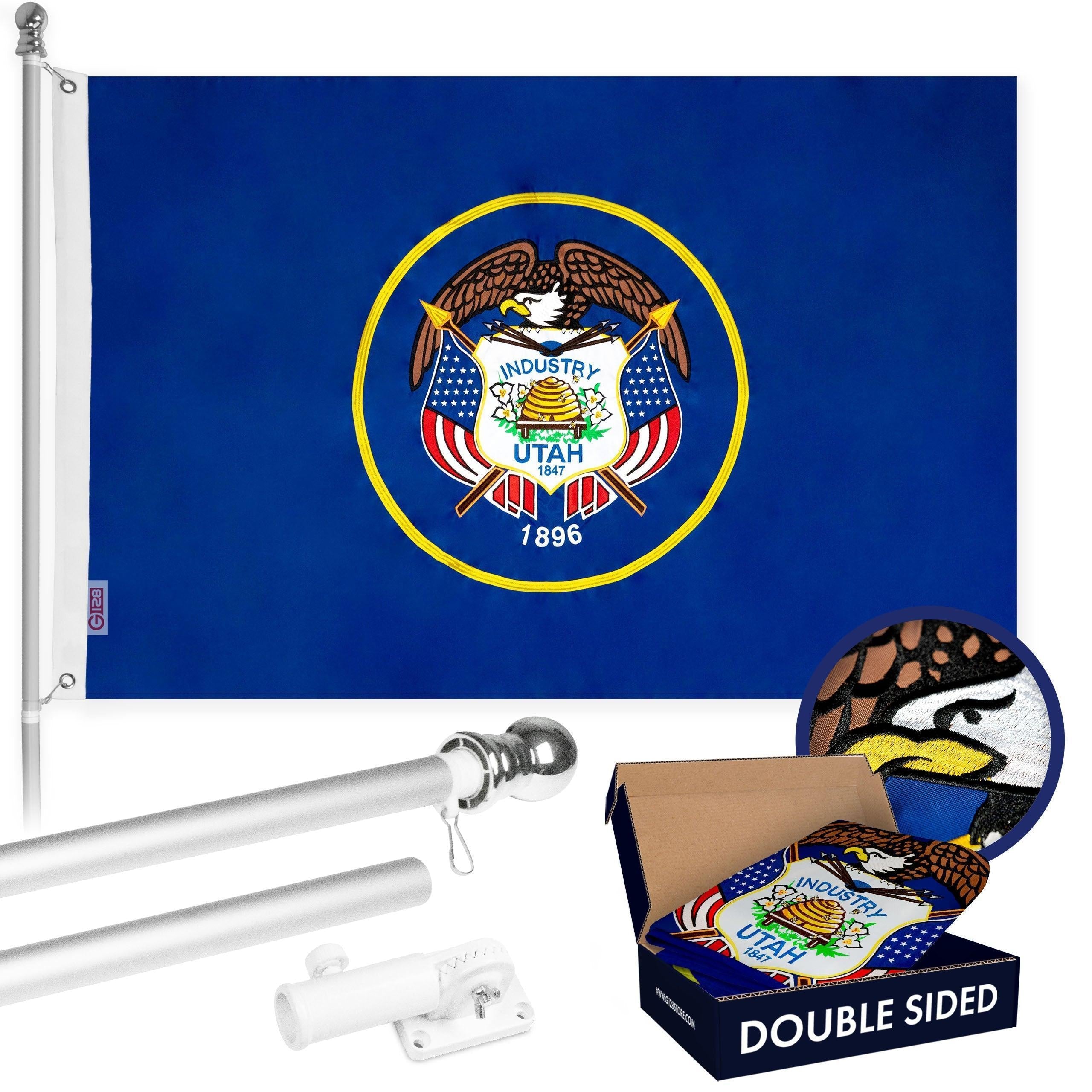 G128  6 Feet Tangle Free Spinning Flagpole (Silver) Utah Double Sided Brass Grommets Embroidered 3x5 ft (Flag Included) Aluminum Flag Pole