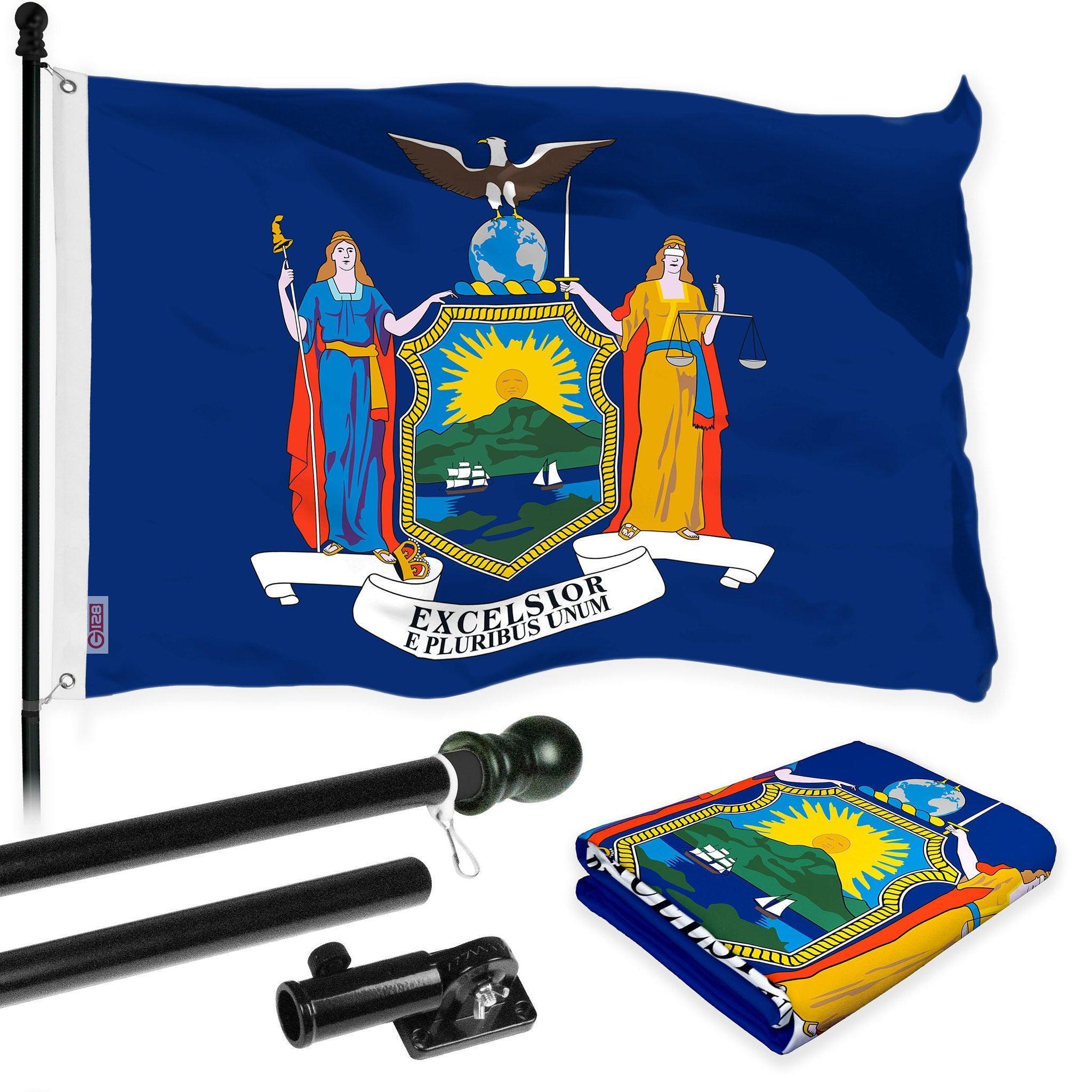 G128 Combo Pack: 6 Ft Tangle Free Aluminum Spinning Flagpole (Black) & New York NY State Flag 3x5 Ft, LiteWeave Pro Series Printed 300D Polyester  Pole with Flag Included