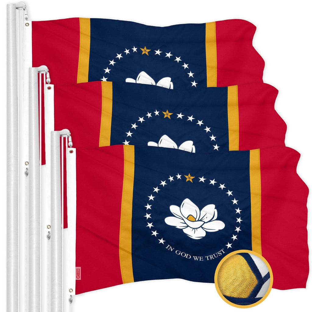 G128 3 Pack: Mississippi 2020 MS State Flag  3x5 Ft  ToughWeave Series Embroidered 300D Polyester  Embroidered Design, Indoor/Outdoor, Brass Grommets