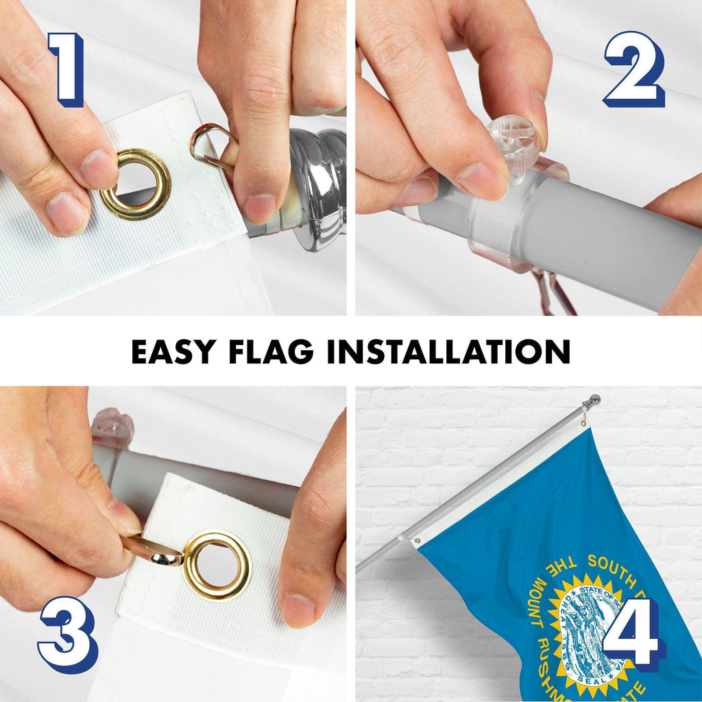 G128 Combo Pack: 6 Ft Tangle Free Spinning Flagpole (Silver) & South Dakota Flag 3x5 Ft Printed 150D Polyester, Brass Grommets (Flag Included) Aluminum Flag Pole