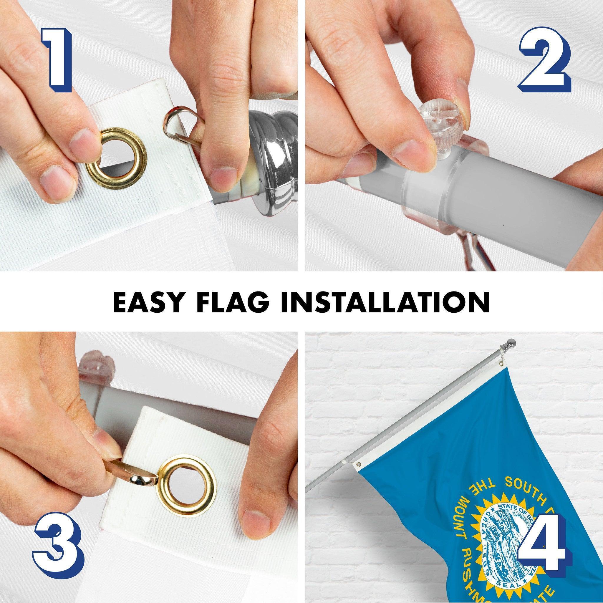 G128 Combo Pack: 6 Ft Tangle Free Spinning Flagpole (Silver) & South Dakota Flag 3x5 Ft Printed 150D Polyester, Brass Grommets (Flag Included) Aluminum Flag Pole