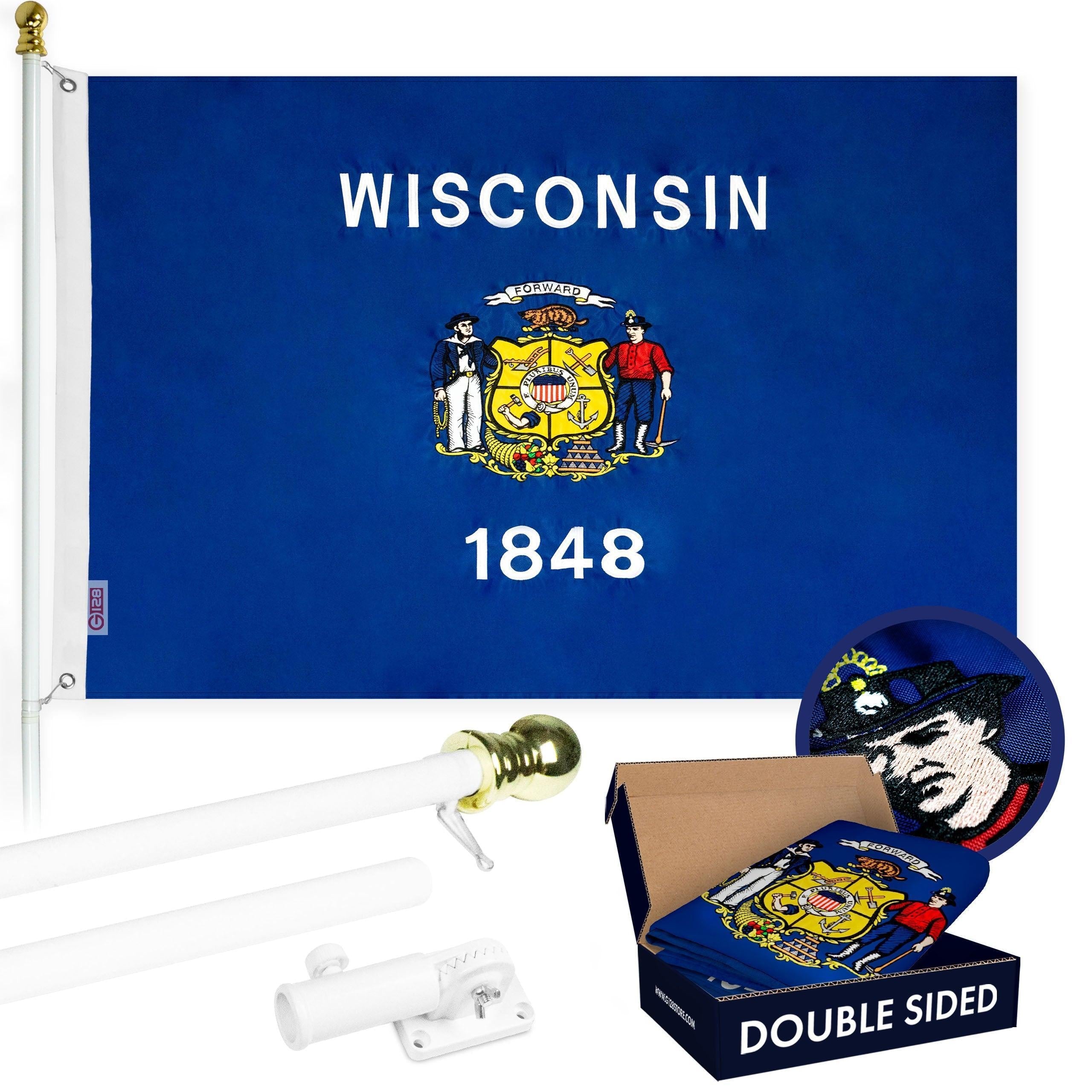 G128  6 Feet Tangle Free Spinning Flagpole (White) Wisconsin Double Sided Brass Grommets Embroidered 3x5 ft (Flag Included) Aluminum Flag Pole