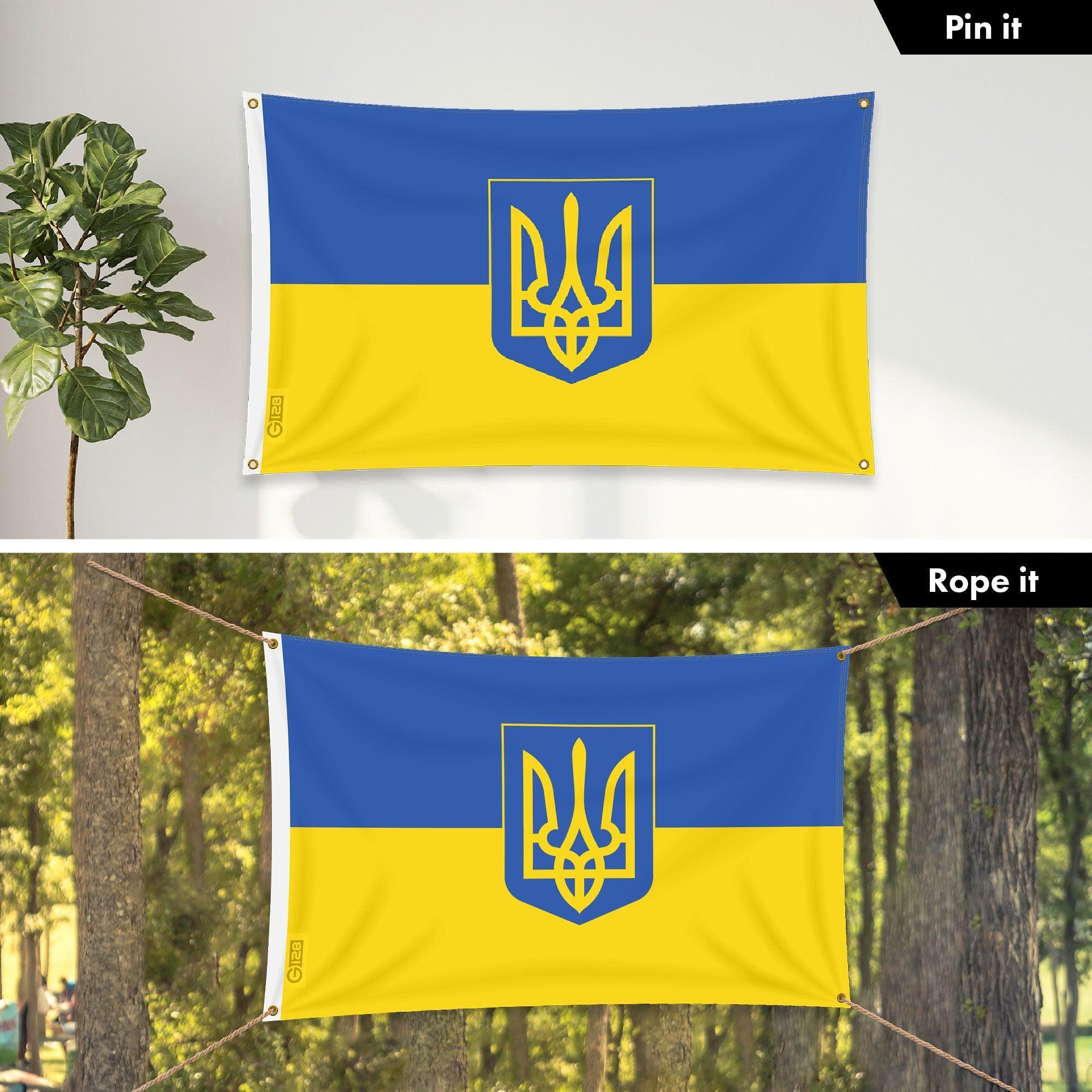 G128 Combo: 6 Ft Tangle Free Aluminum Spinning Flagpole (Black) & Ukraine Ukrainian Coat of Arms Flag 3x5 Ft, LiteWeave Pro Printed 150D Polyester, 4 Corner Brass Grommets  Pole with Flag Included