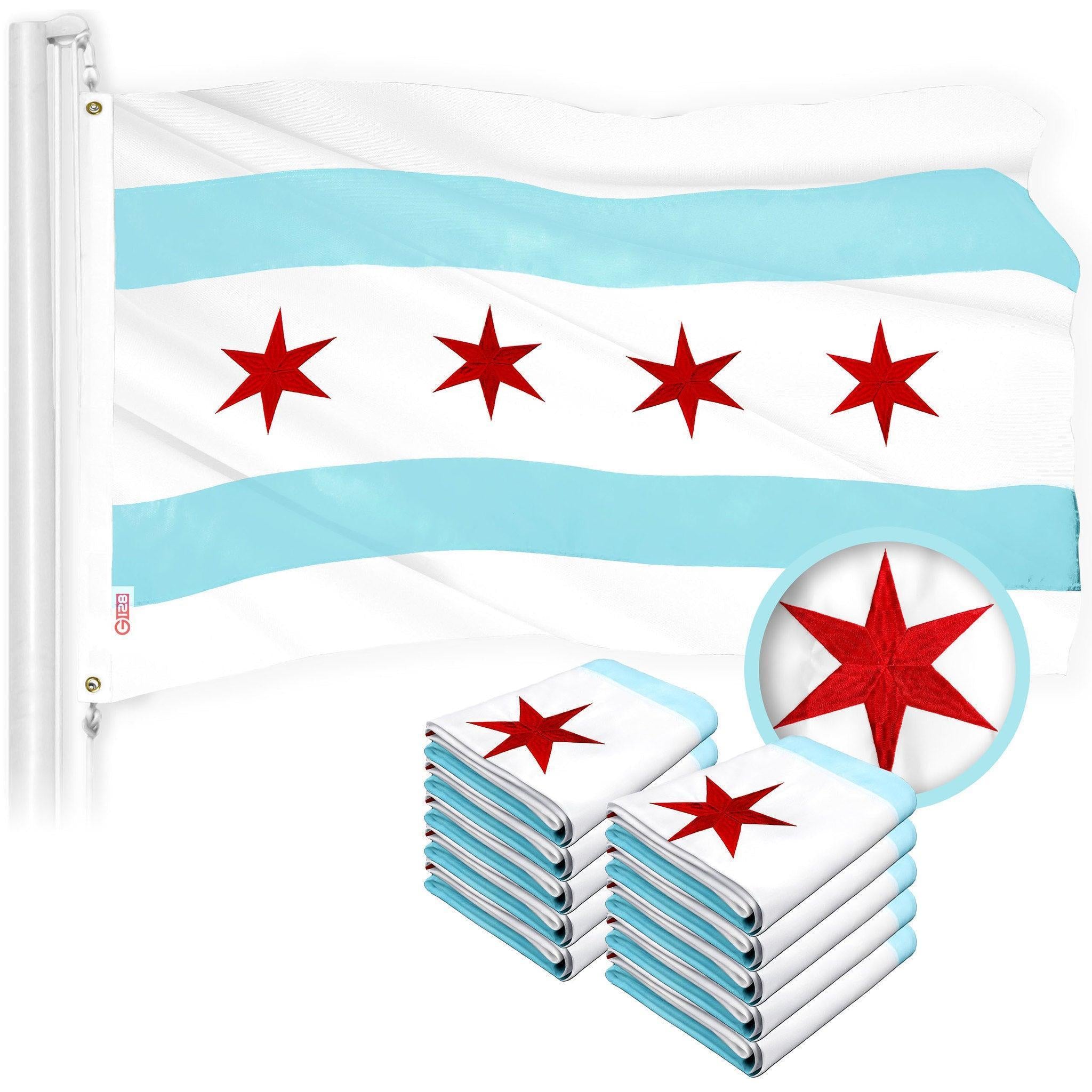 G128 Chicago Flag 2x3 Ft 10Pack Embroidered 300D Embroidered Stars, Sewn Stripes, Brass Grommets, Indoor/Outdoor, Vibrant Colors, Quality Polyester