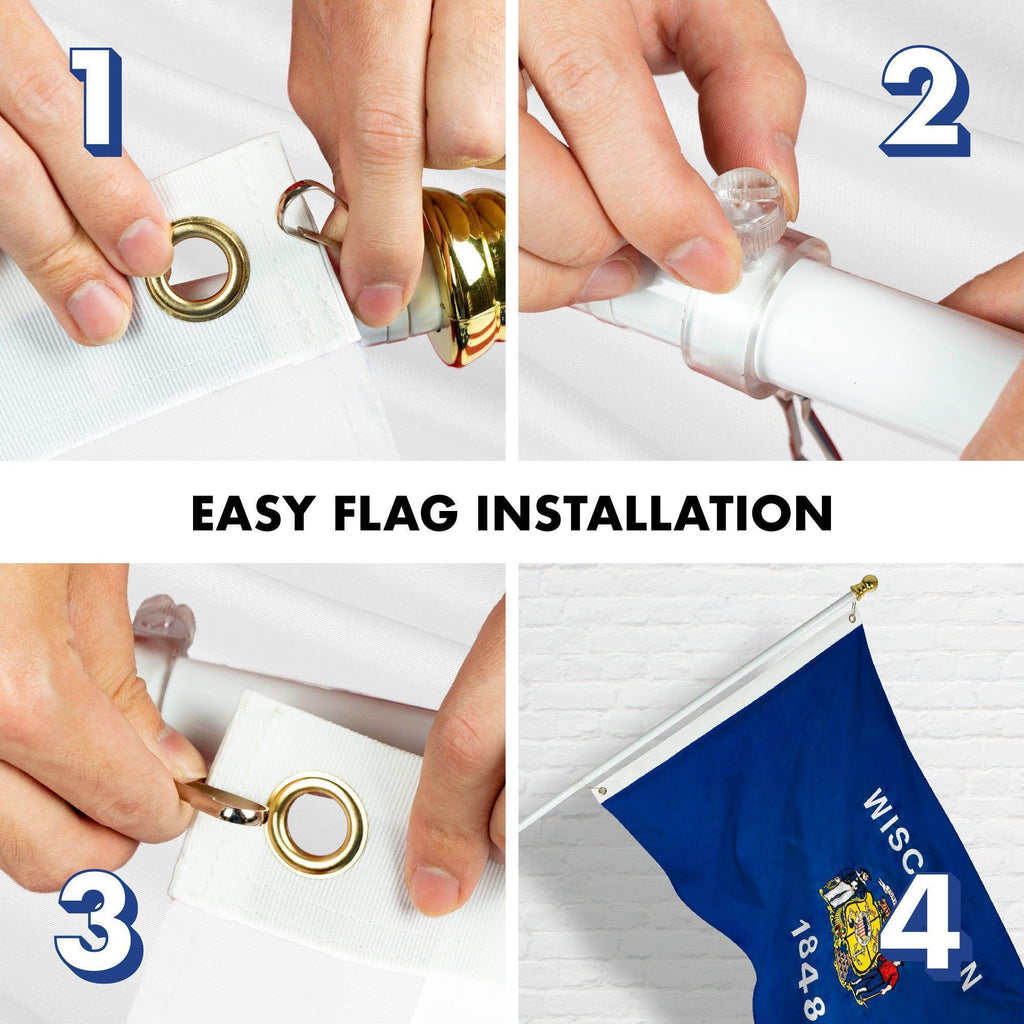 G128  6 Feet Tangle Free Spinning Flagpole (White) Wisconsin Double Sided Brass Grommets Embroidered 3x5 ft (Flag Included) Aluminum Flag Pole