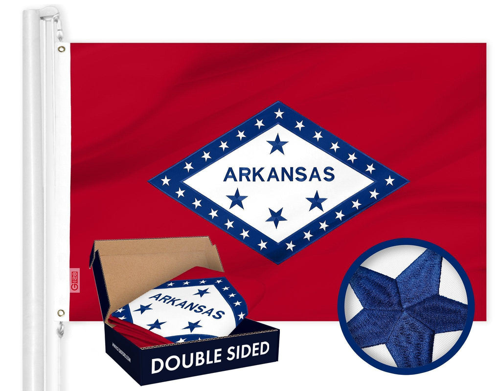 G128 Arkansas State Flag  3x5 Ft  Double ToughWeave Series Double Sided Embroidered 210D Polyester  Embroidered Design, Indoor/Outdoor, Brass Grommets, Heavy Duty, 2ply