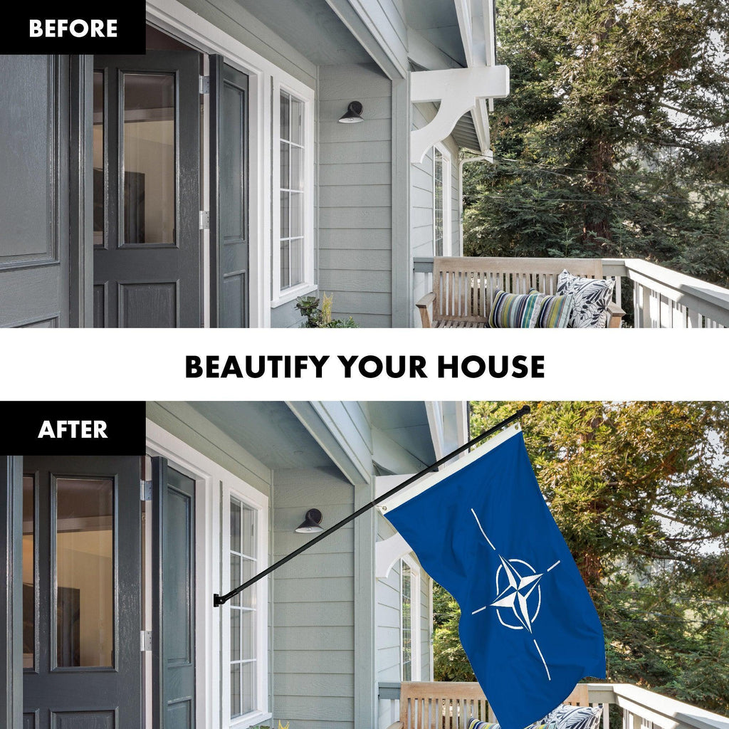 G128 Combo Pack: 6 Ft Tangle Free Aluminum Spinning Flagpole (Black) & North Atlantic Treaty Org NATO Flag 3x5 Ft, LiteWeave Pro Series Printed 150D Polyester  Pole with Flag Included