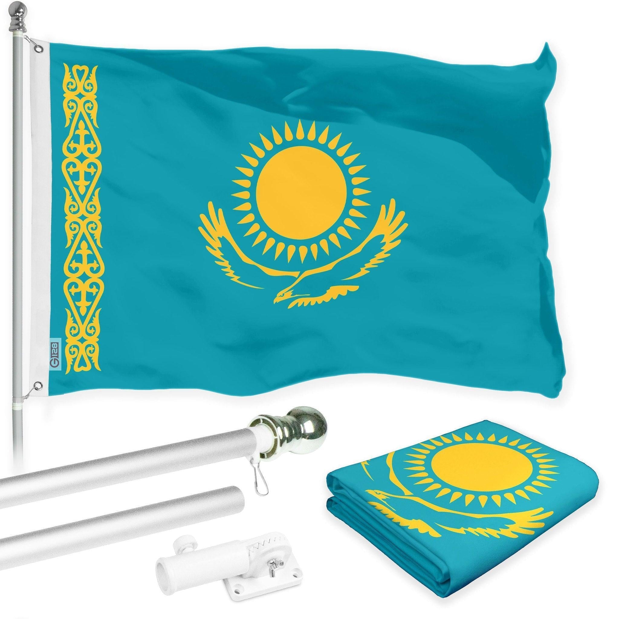 G128 Combo Pack: 6 Ft Tangle Free Aluminum Spinning Flagpole (Silver) & Kazakhstan Kazakhstani Flag  3x5 Ft LiteWeave Pro Series Printed 150D Polyester  Pole with Flag Included