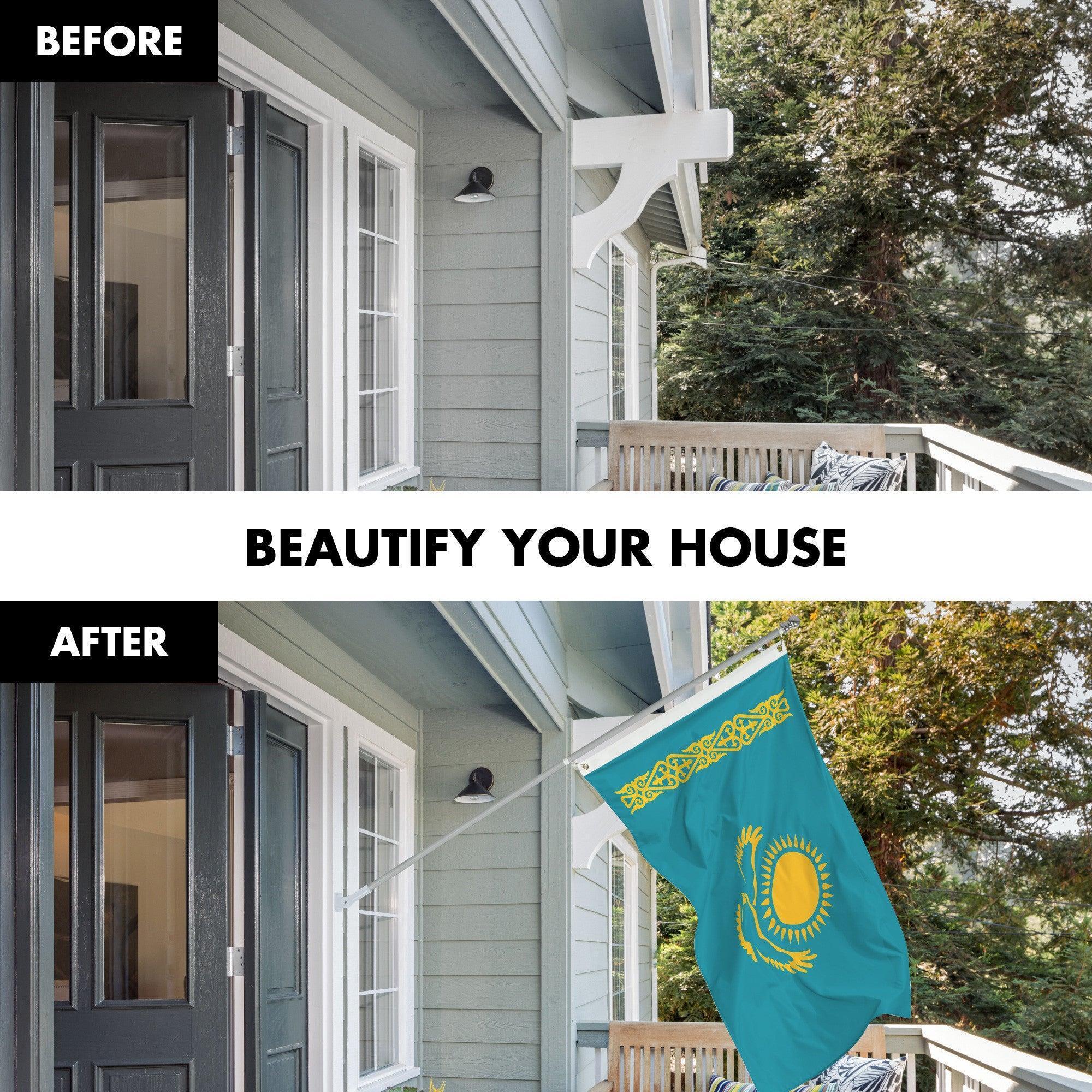 G128 Combo Pack: 6 Ft Tangle Free Aluminum Spinning Flagpole (Silver) & Kazakhstan Kazakhstani Flag  3x5 Ft LiteWeave Pro Series Printed 150D Polyester  Pole with Flag Included