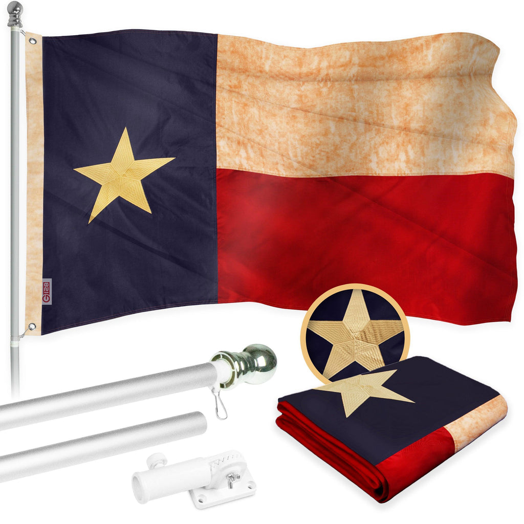 G128 Texas Flag & 6 Ft Spinning Pole Set | Tangle-Free Aluminum Flagpole Kit
