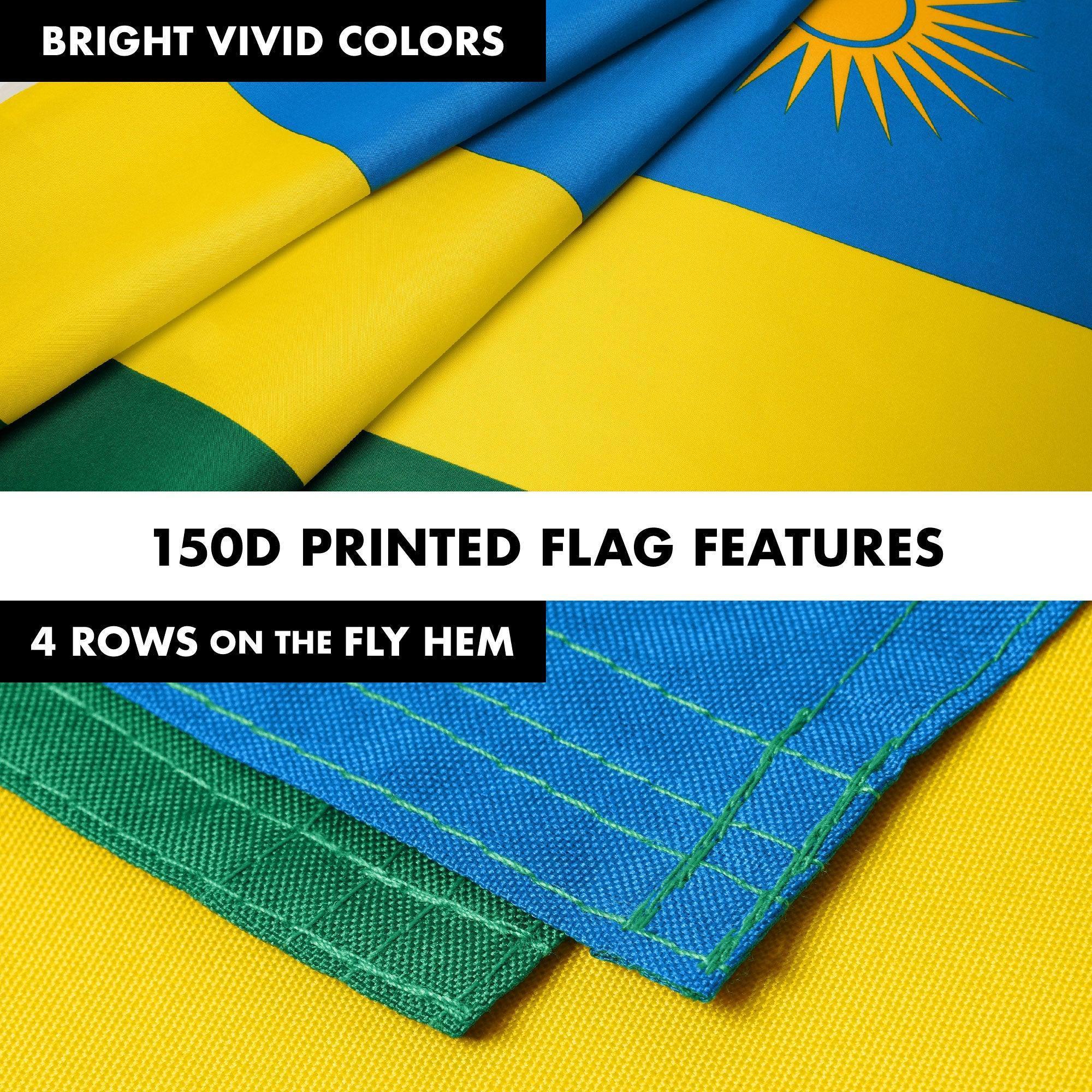 G128 Combo Pack: 6 Ft Tangle Free Aluminum Spinning Flagpole (White) & Rwanda Rwandan Flag 3x5 Ft, LiteWeave Pro Series Printed 150D Polyester  Pole with Flag Included