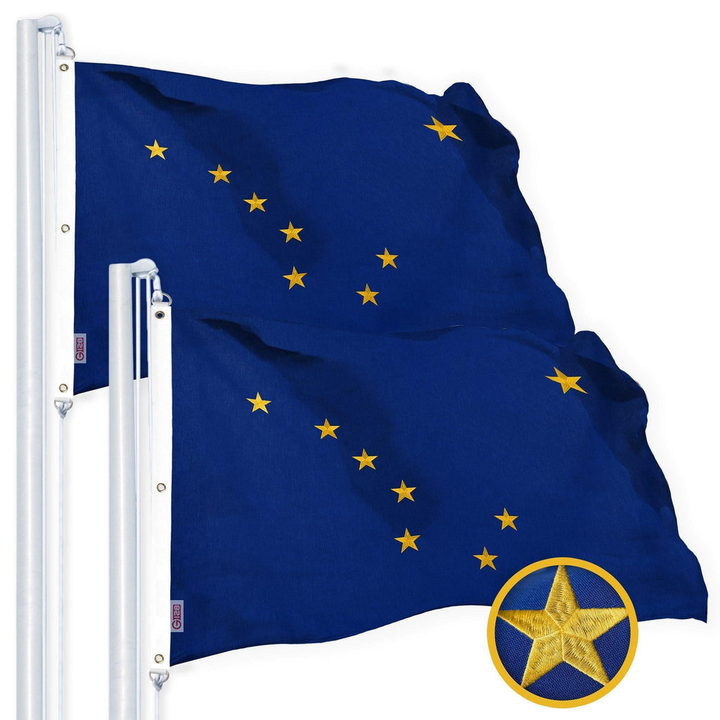 G128 2 Pack: Alaska AK State Flag  5x8 Ft  StormFlyer Series Embroidered 220GSM Spun Polyester  Embroidered Design, Indoor/Outdoor, Brass Grommets, Heavy Duty, All Weather
