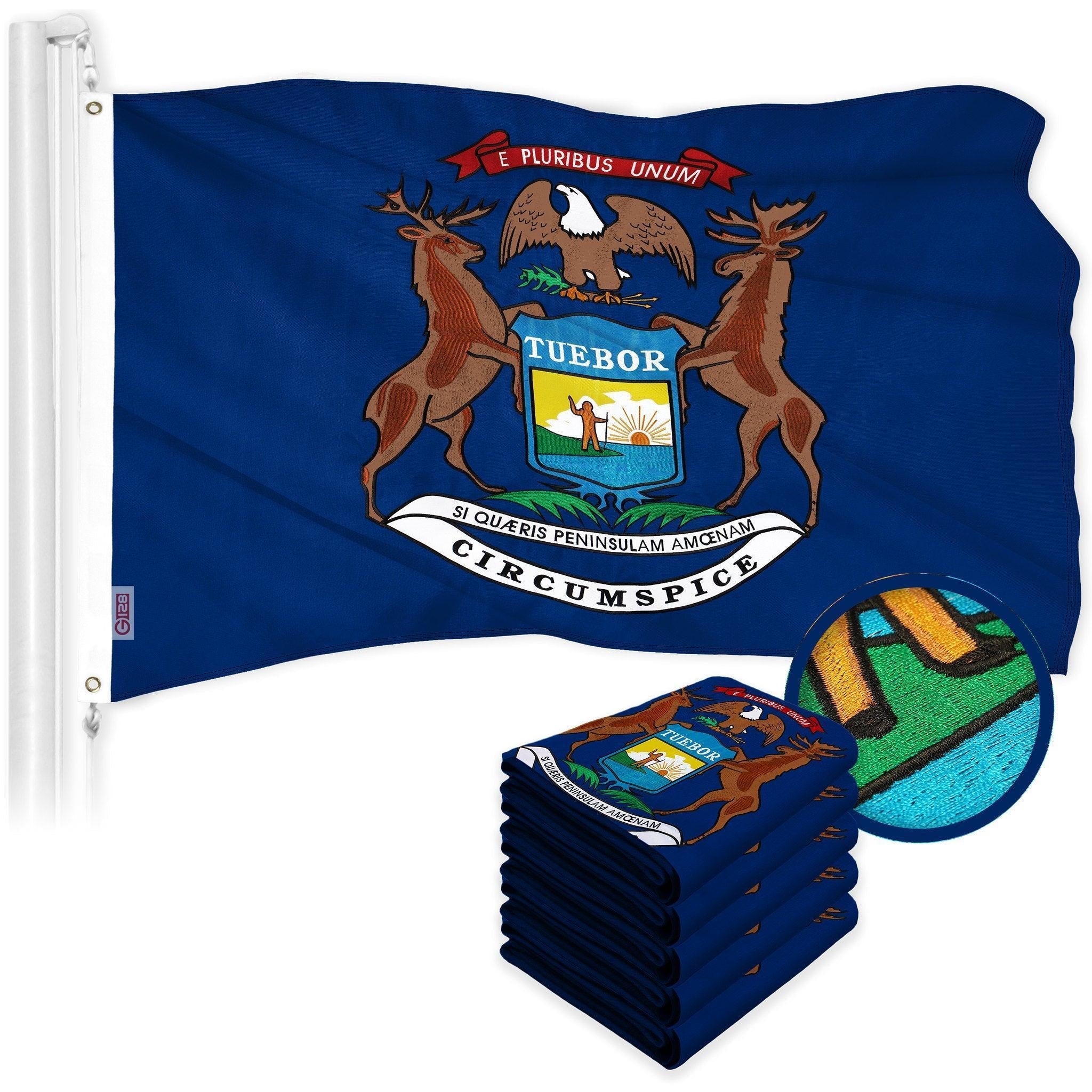 G128 5 Pack: Michigan MI State Flag  3x5 Ft  ToughWeave Series Embroidered 300D Polyester  Embroidered Design, Indoor/Outdoor, Brass Grommets