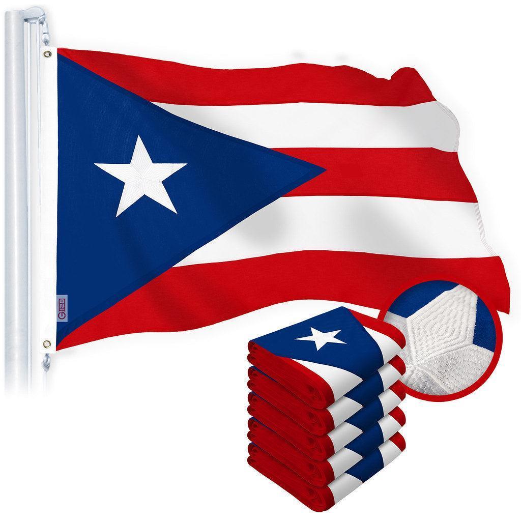 G128 5 Pack: Puerto Rico Puerto Rican PR Flag  3x5 Ft  Embroidered 220GSM SPUN POLYESTER  Embroidered Stars, Sewn Stripes, Brass Grommets, Indoor/Outdoor, Vibrant Colors, Heavy Duty SPUN POLYESTER