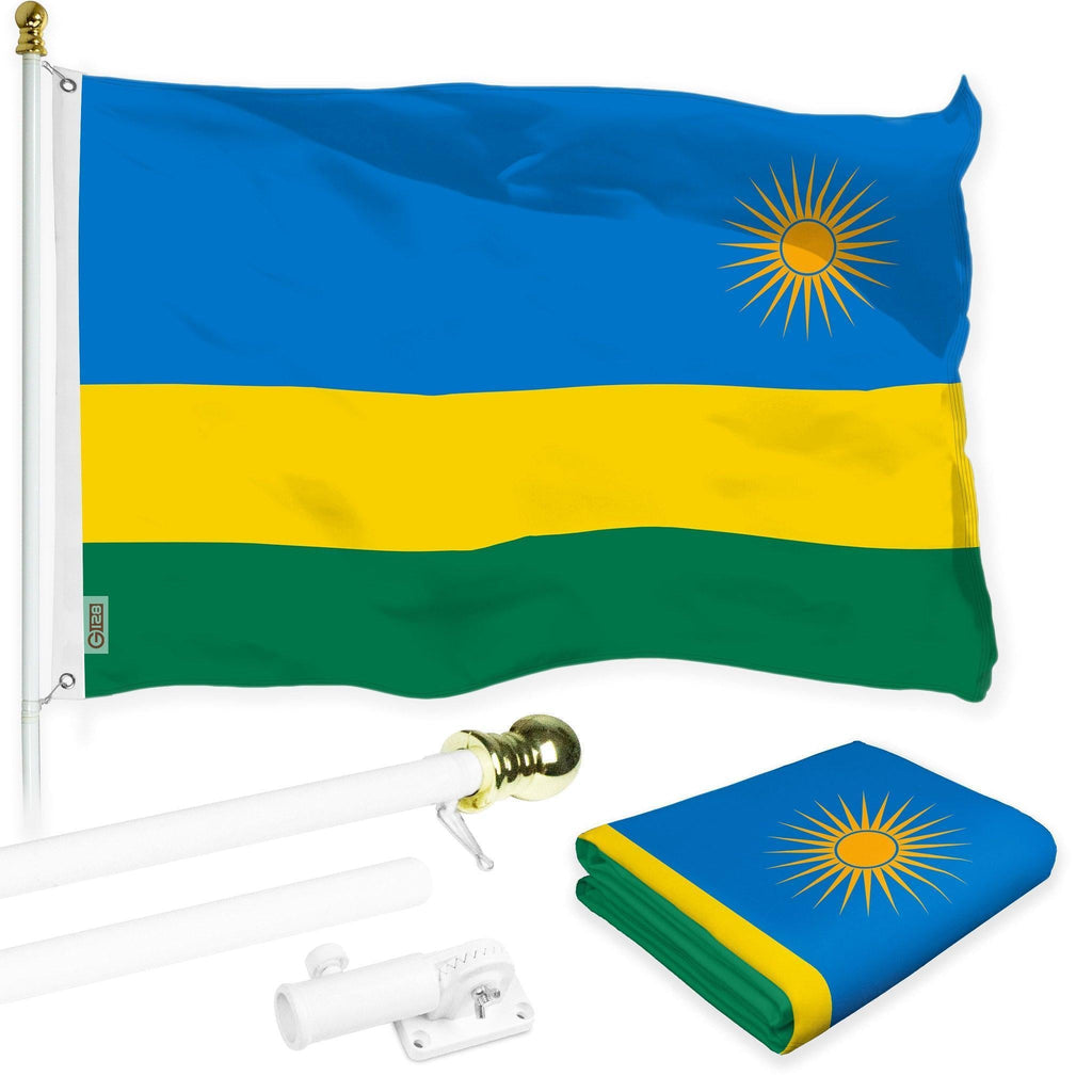 G128 Combo Pack: 6 Ft Tangle Free Aluminum Spinning Flagpole (White) & Rwanda Rwandan Flag 3x5 Ft, LiteWeave Pro Series Printed 150D Polyester  Pole with Flag Included