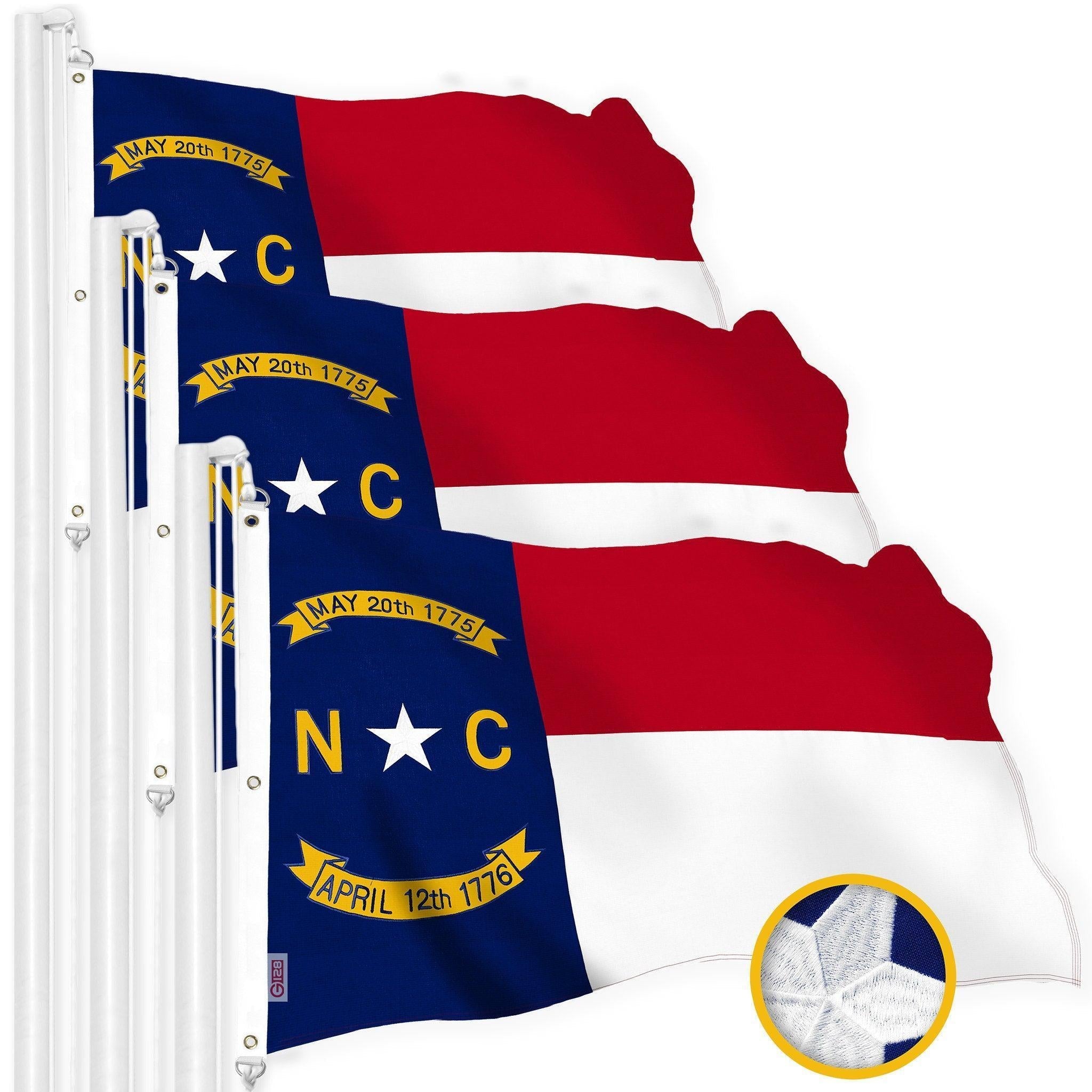 G128 3 Pack: North Carolina State Flag  5x8 Ft  StormFlyer Series Embroidered 220GSM Spun Polyester  Embroidered Design, Indoor/Outdoor, Brass Grommets, Heavy Duty, All Weather