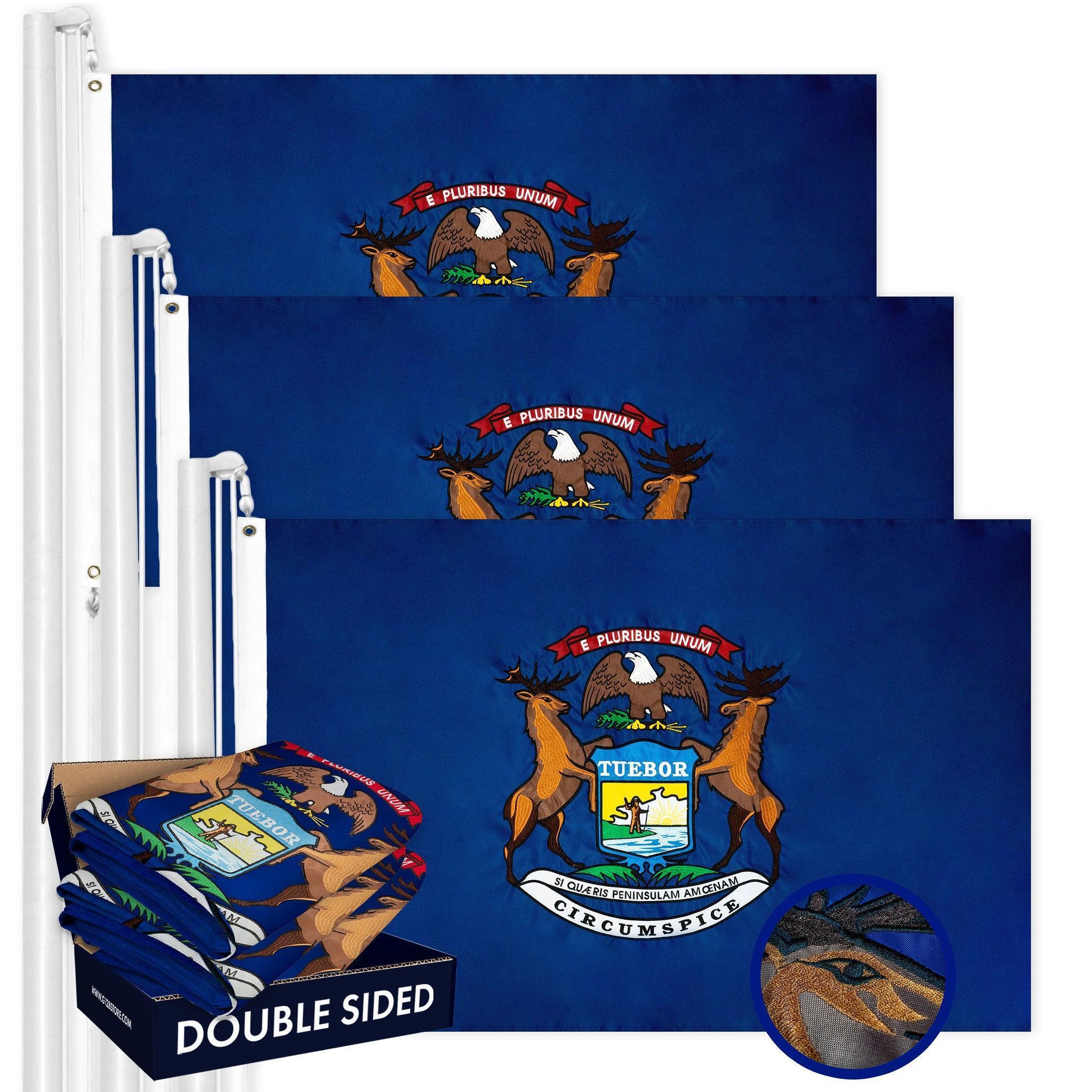 Michigan MI State Flag 3x5 Ft 3Pack Doublesided Embroidered Polyester By G128