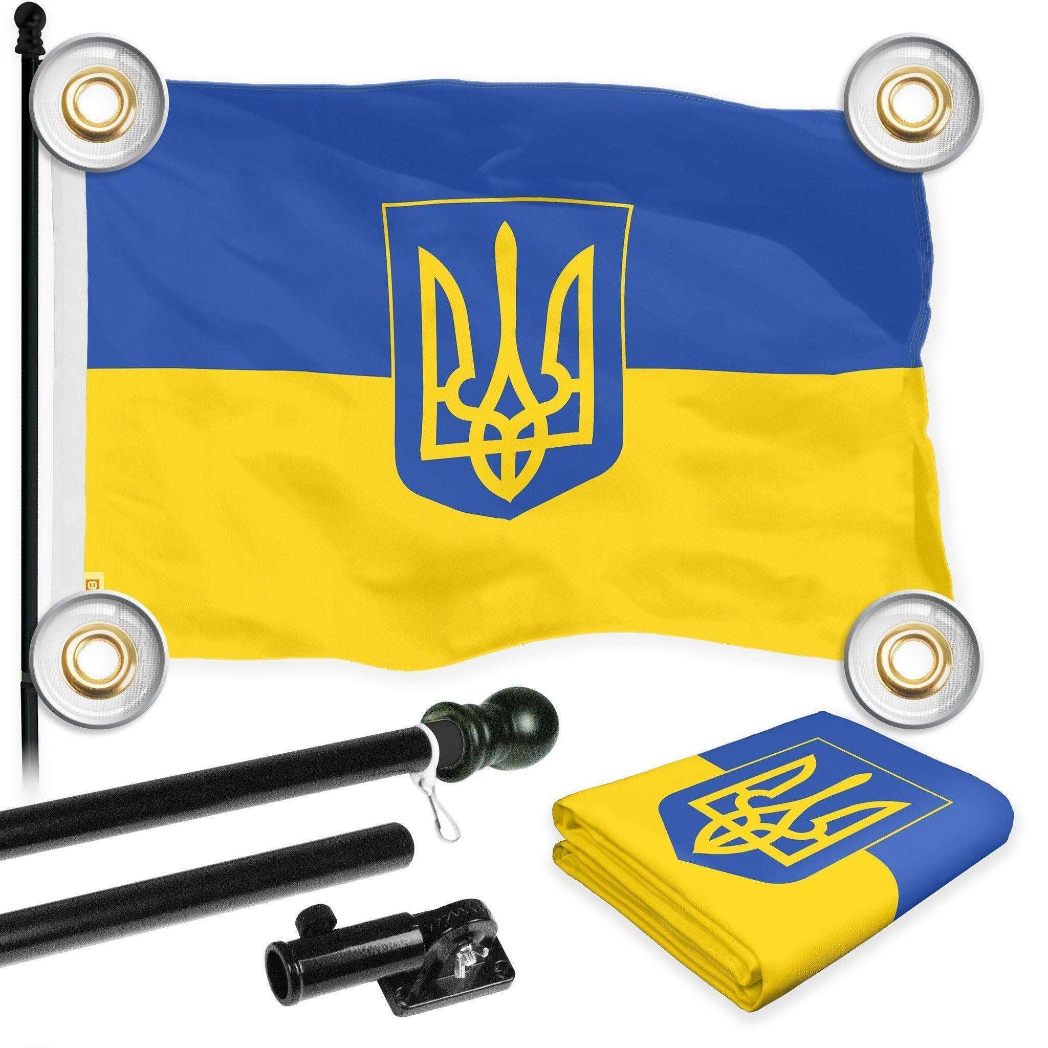 G128 Combo: 6 Ft Tangle Free Aluminum Spinning Flagpole (Black) & Ukraine Ukrainian Coat of Arms Flag 3x5 Ft, LiteWeave Pro Printed 150D Polyester, 4 Corner Brass Grommets  Pole with Flag Included