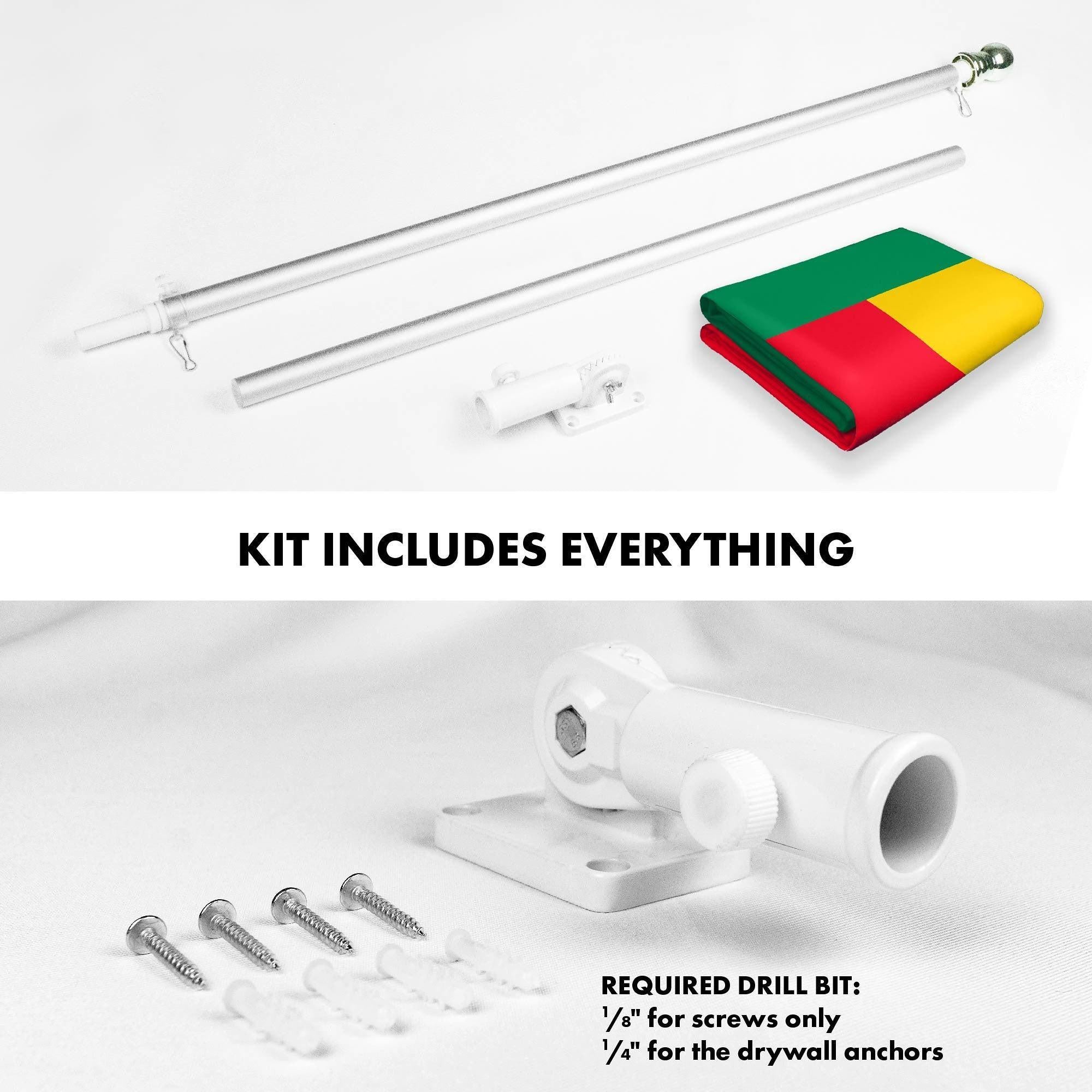 G128 Combo Pack: 6 Ft Tangle Free Aluminum Spinning Flagpole (Silver) & Benin Beninese Flag 3x5 Ft, LiteWeave Pro Series Printed 150D Polyester  Pole with Flag Included