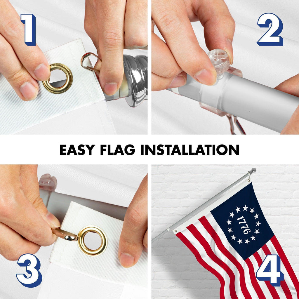 G128 Combo Pack: 6 Ft Tangle Free Aluminum Spinning Flagpole (Silver) & Betsy Ross 1776 Flag 3x5 Ft, LiteWeave Pro Series Printed 150D Polyester  Pole with Flag Included