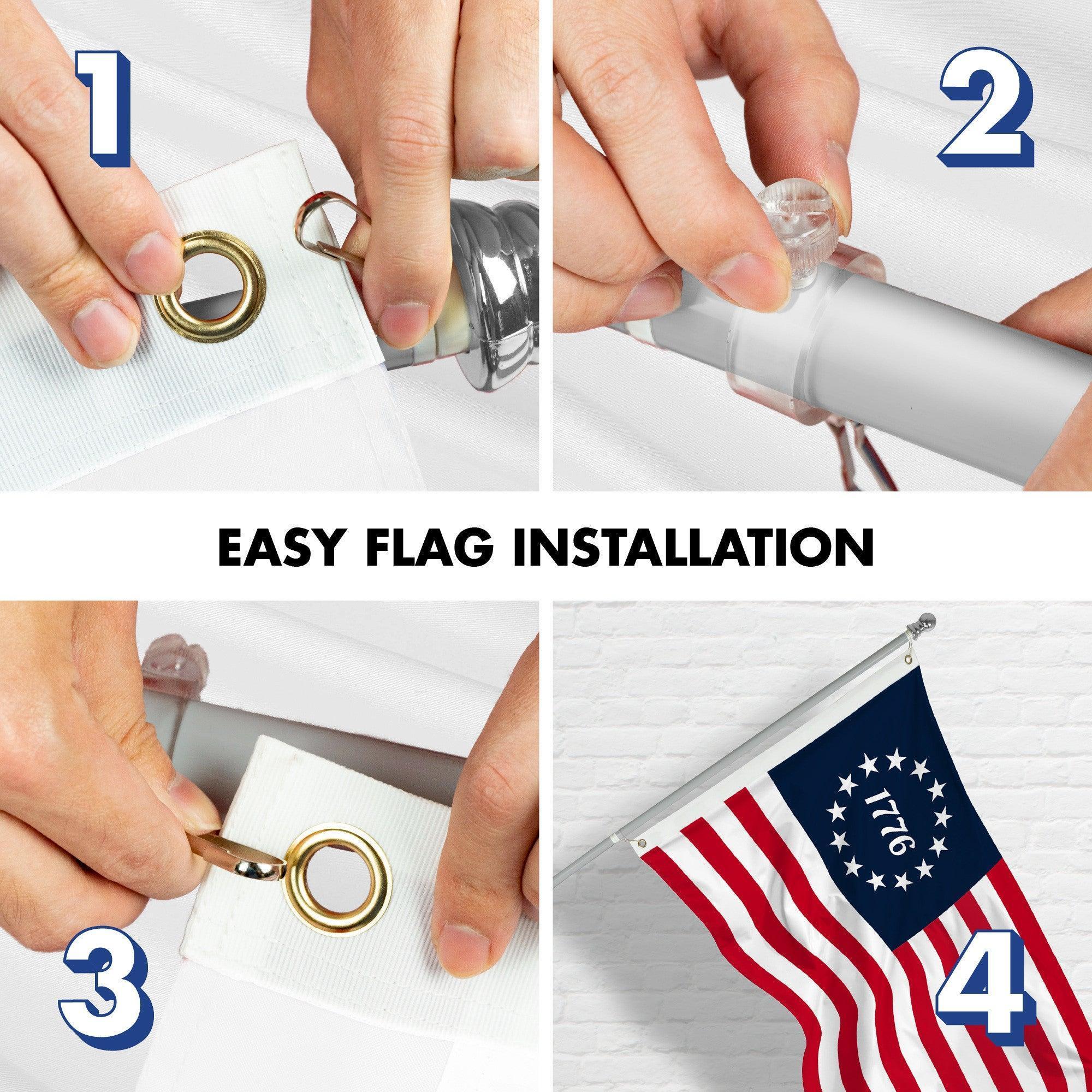 G128 Combo Pack: 6 Ft Tangle Free Aluminum Spinning Flagpole (Silver) & Betsy Ross 1776 Flag 3x5 Ft, LiteWeave Pro Series Printed 150D Polyester  Pole with Flag Included