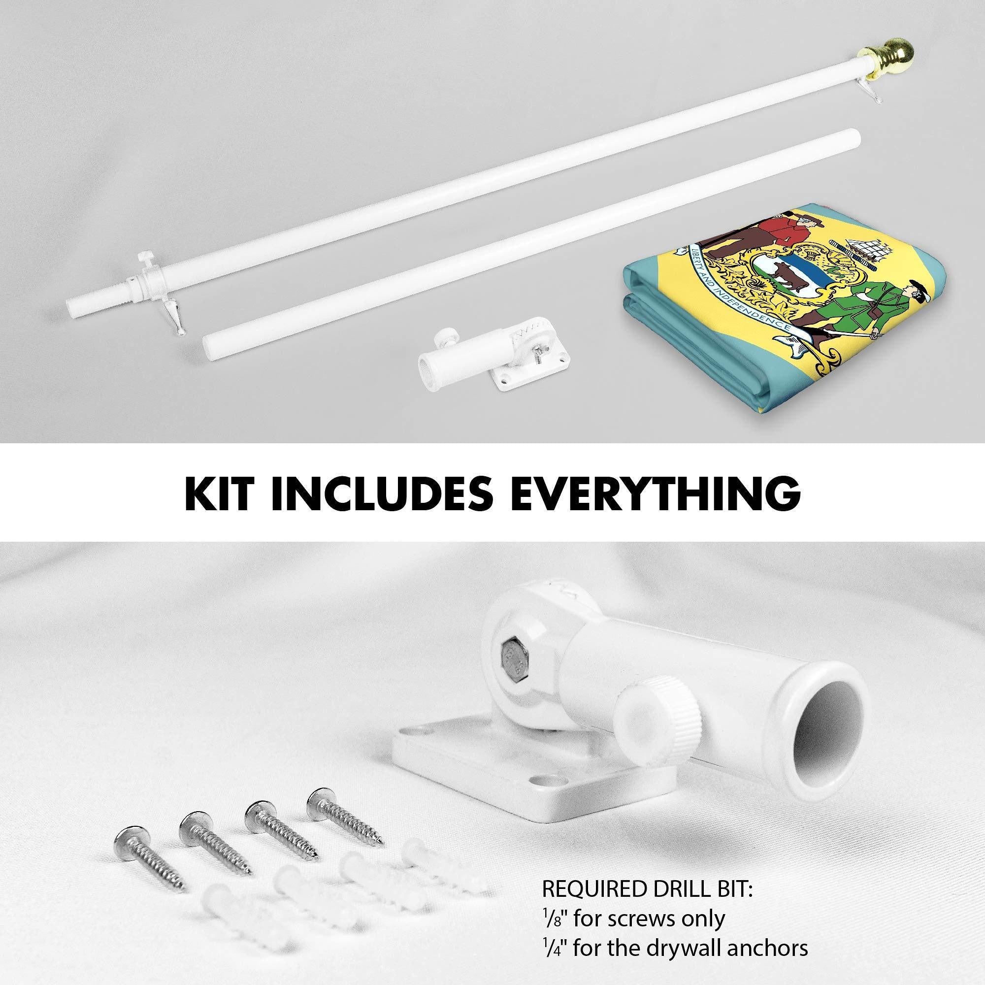G128 Combo Pack: 6 Ft Tangle Free Spinning Flagpole (White) & Delaware Flag 3x5 Ft Printed 150D Polyester, Brass Grommets (Flag Included) Aluminum Flag Pole