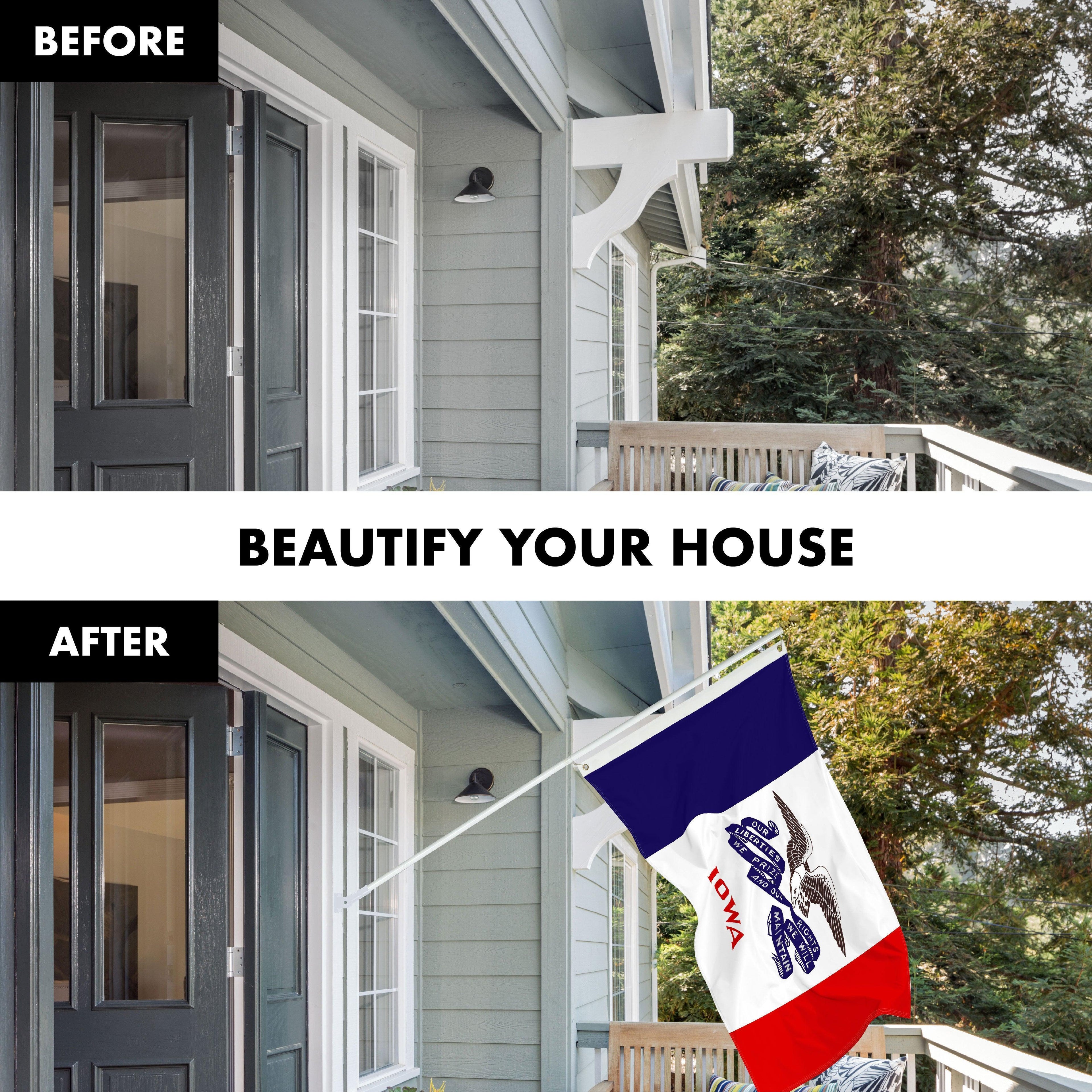 G128 Combo Pack: 6 Ft Tangle Free Aluminum Spinning Flagpole (White) & Iowa IA Deluxe State Flag 3x5 Ft, ToughWeave Series Embroidered 300D Polyester  Pole with Flag Included