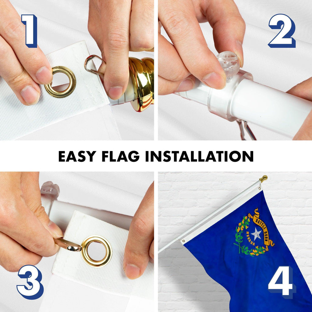 G128  6 Feet Tangle Free Spinning Flagpole (White) Nevada Double Sided Brass Grommets Embroidered 3x5 ft (Flag Included) Aluminum Flag Pole