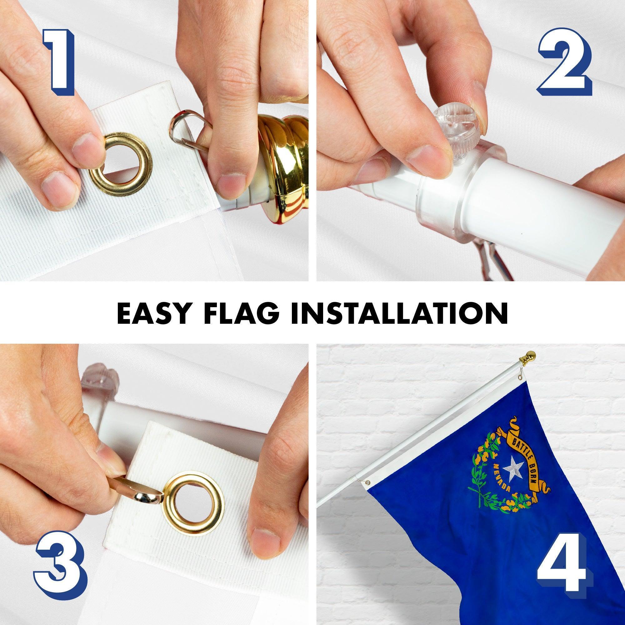 G128  6 Feet Tangle Free Spinning Flagpole (White) Nevada Double Sided Brass Grommets Embroidered 3x5 ft (Flag Included) Aluminum Flag Pole