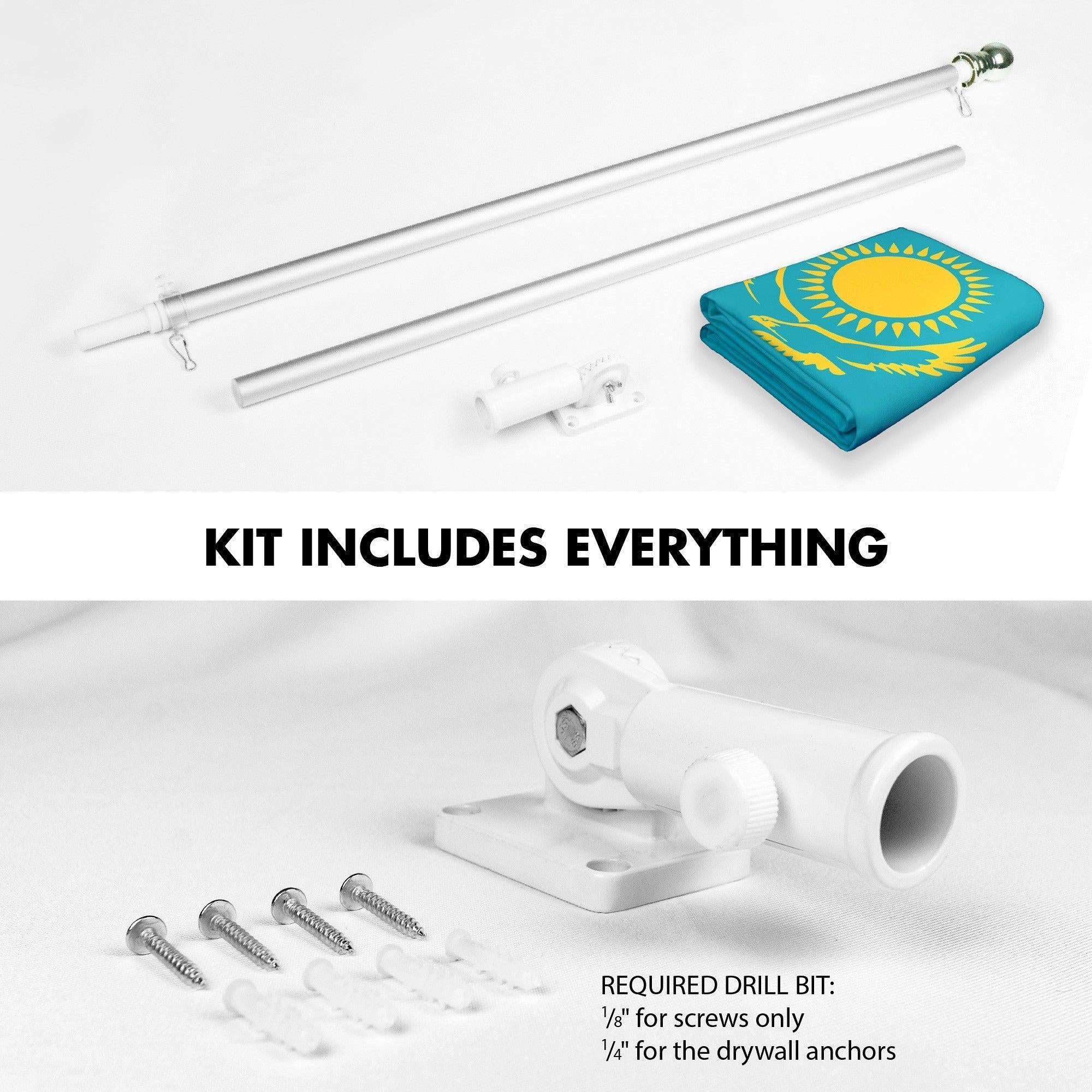 G128 Combo Pack: 6 Ft Tangle Free Aluminum Spinning Flagpole (Silver) & Kazakhstan Kazakhstani Flag  3x5 Ft LiteWeave Pro Series Printed 150D Polyester  Pole with Flag Included
